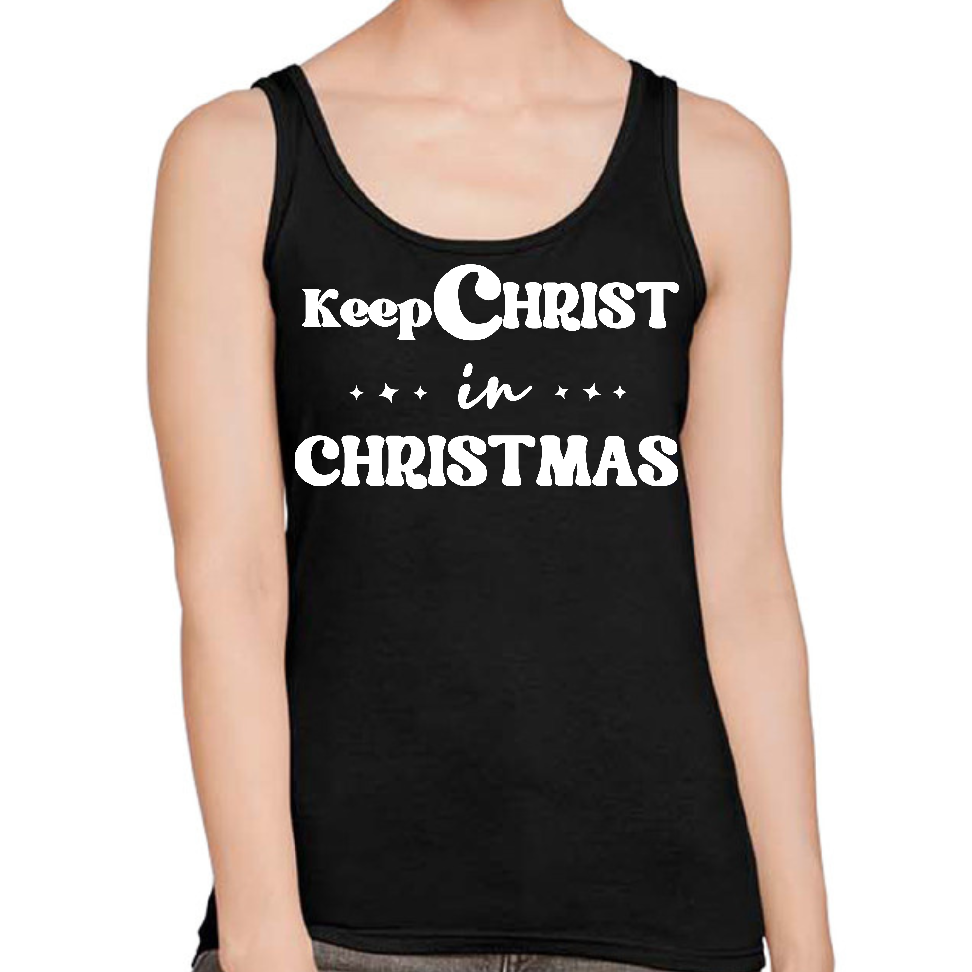 Women's Fitness Tank Top featuring 'Keep Christ in Christmas' graphic, made of soft cotton material, suitable for workouts and casual wear.