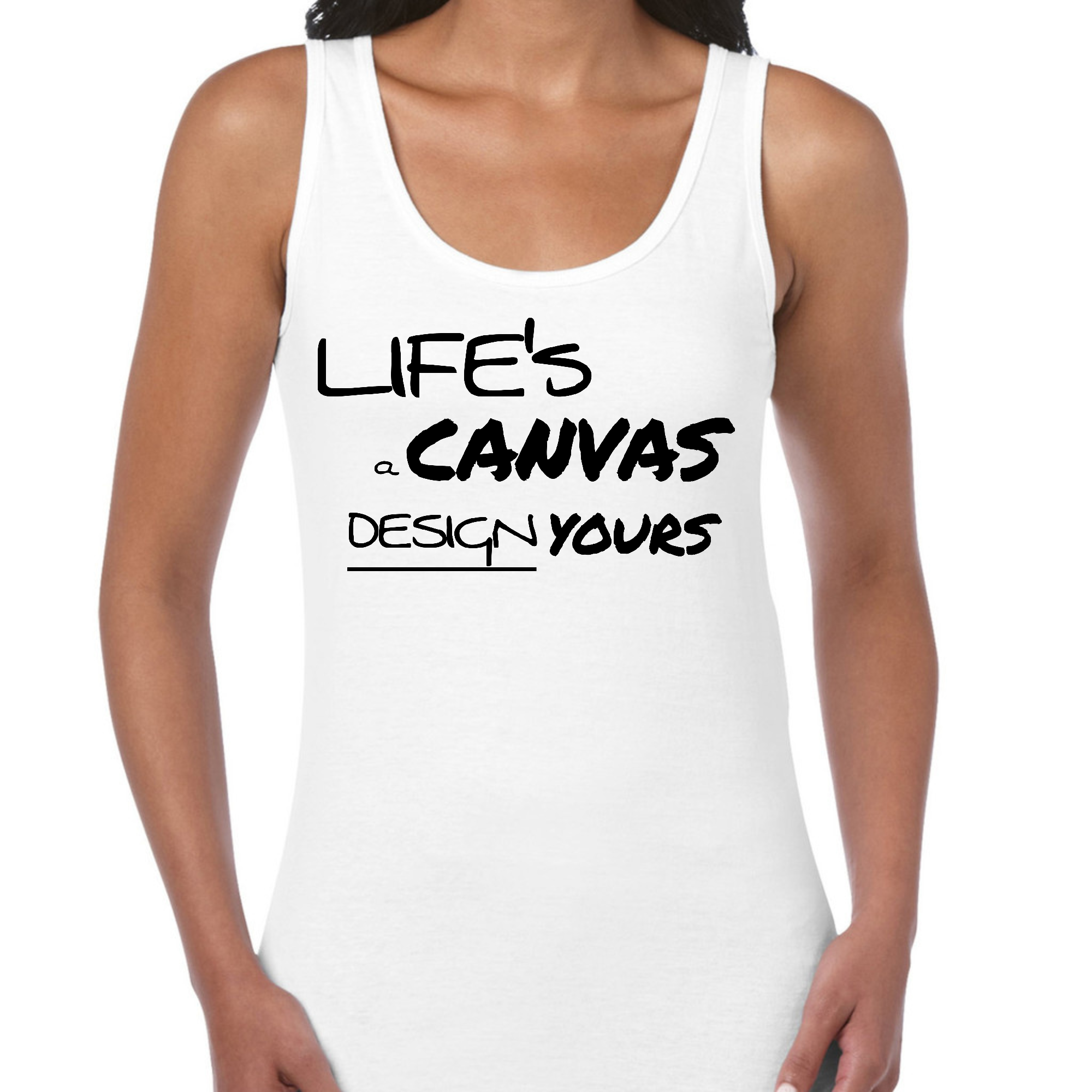 Black women's fitness tank top with 'Life's a Canvas' motivational graphic design, made from soft preshrunk cotton.