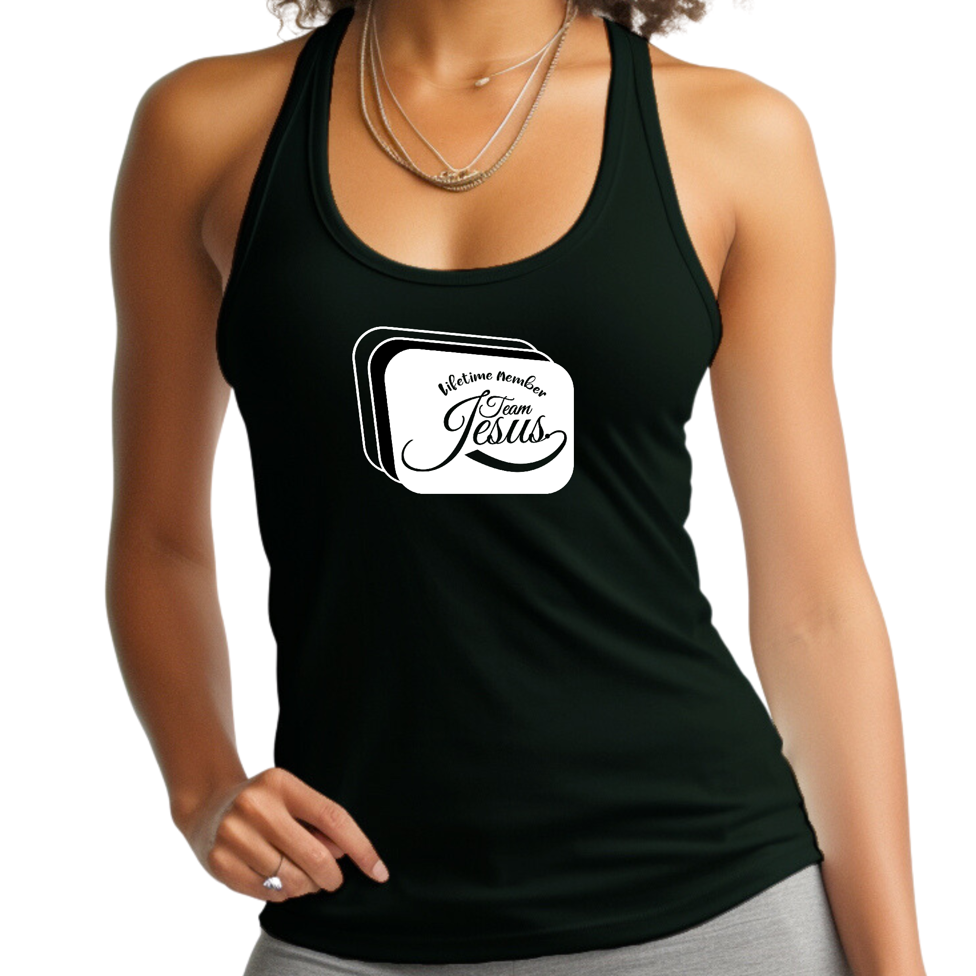 Women's Fitness Tank Top featuring Lifetime Member Team Jesus graphic in white and black, made from soft preshrunk cotton.