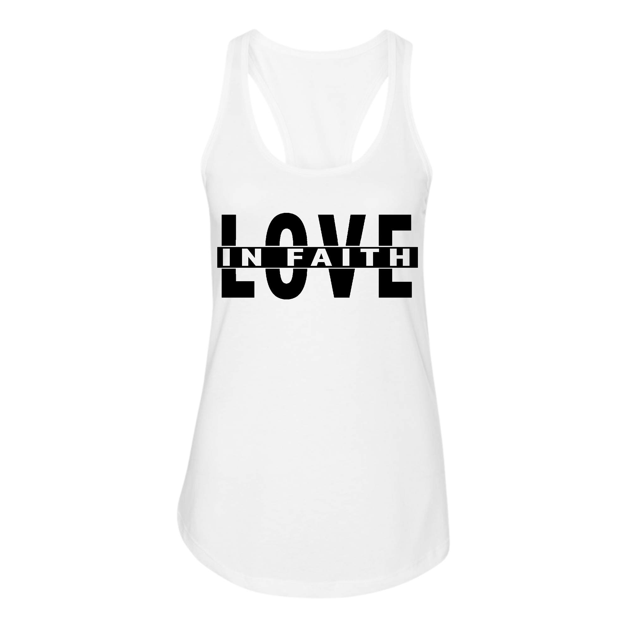 Womens Fitness Tank Top in black featuring Love in Faith graphic, made from soft preshrunk cotton for comfort and durability.