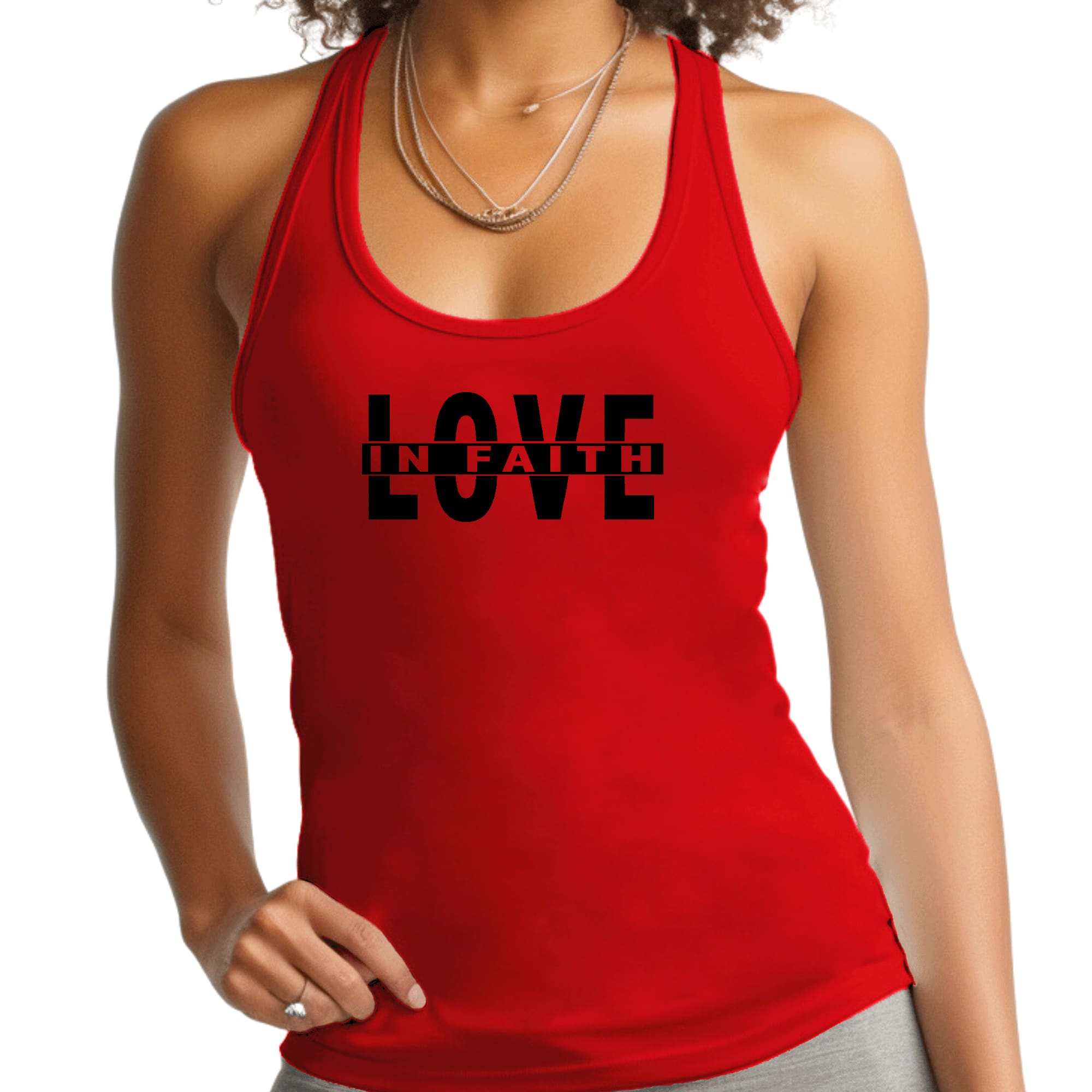 Womens Fitness Tank Top in black featuring Love in Faith graphic, made from soft preshrunk cotton for comfort and durability.