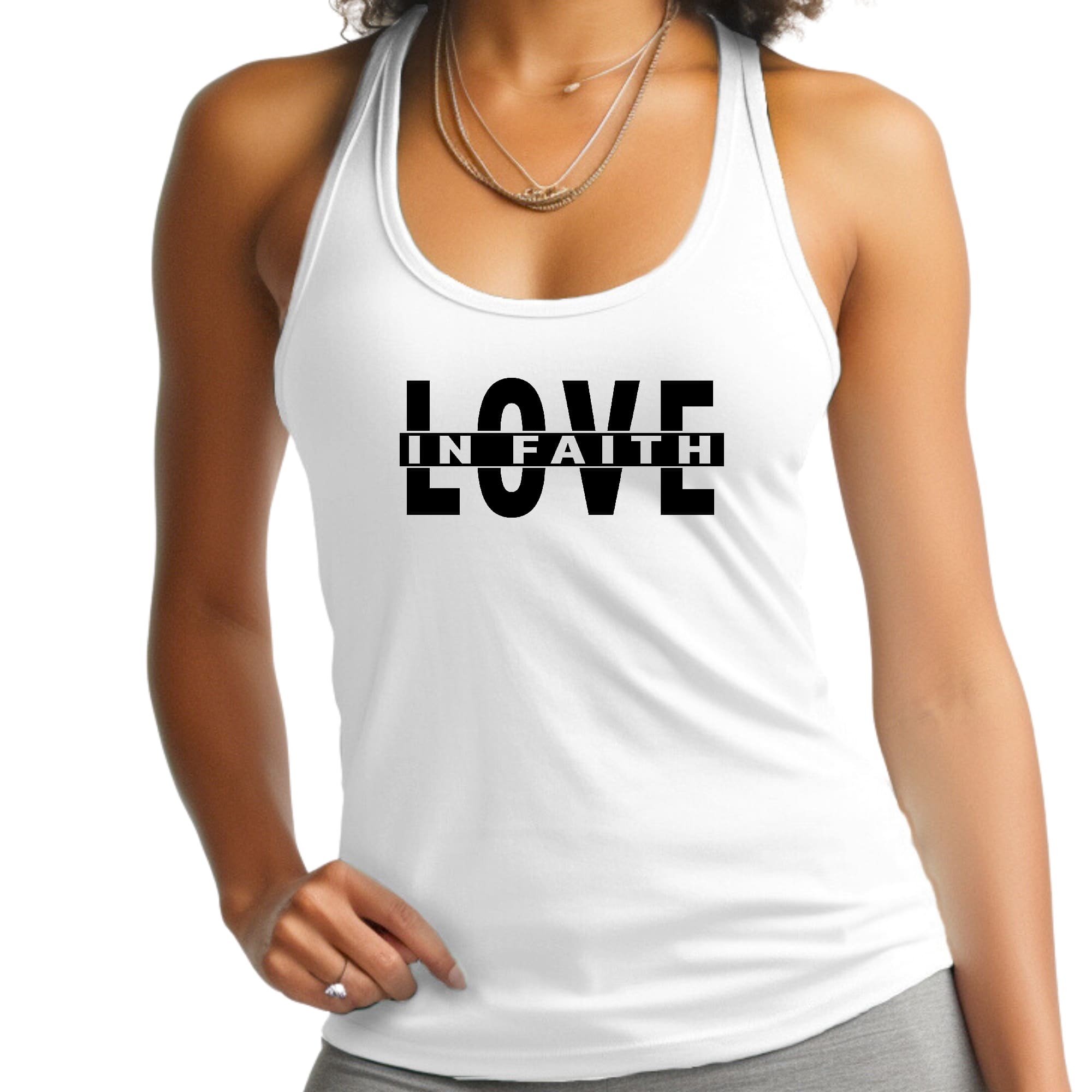 Womens Fitness Tank Top in black featuring Love in Faith graphic, made from soft preshrunk cotton for comfort and durability.