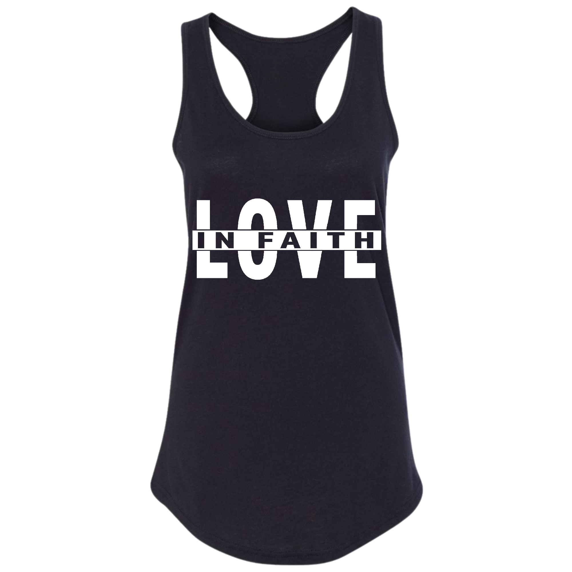 Women's Fitness Tank Top Graphic T-shirt featuring 'Love in Faith' design, made from soft preshrunk cotton for comfort and durability.