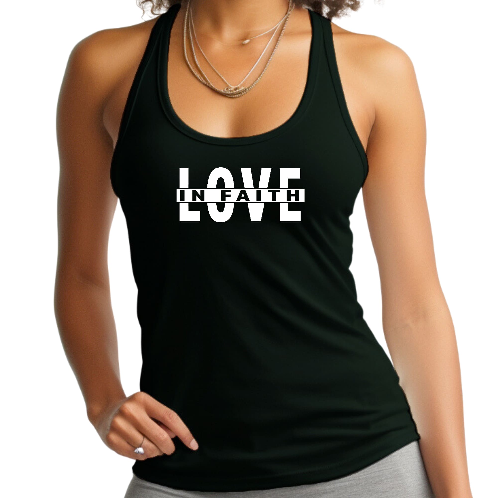 Women's Fitness Tank Top Graphic T-shirt featuring 'Love in Faith' design, made from soft preshrunk cotton for comfort and durability.