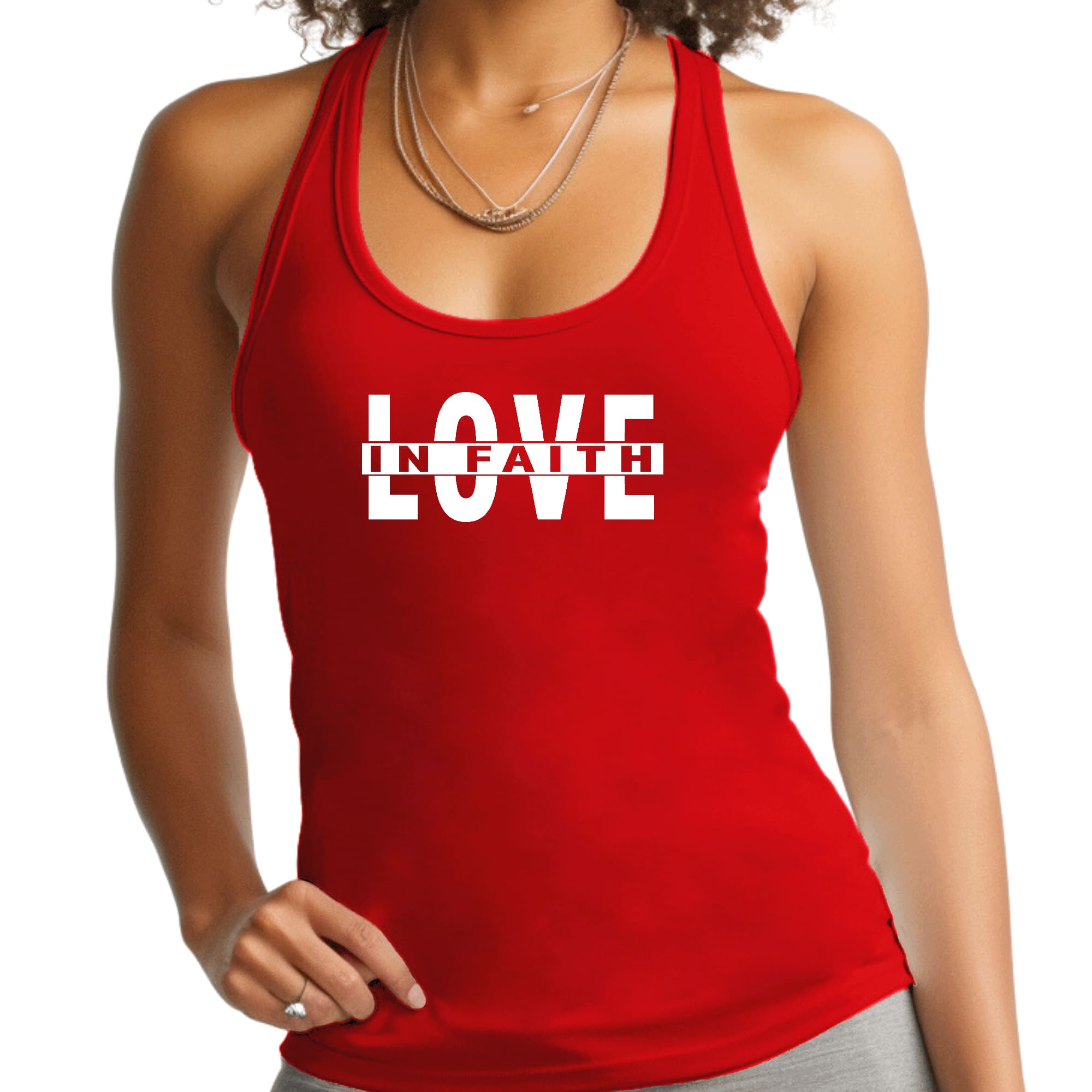 Women's Fitness Tank Top Graphic T-shirt featuring 'Love in Faith' design, made from soft preshrunk cotton for comfort and durability.