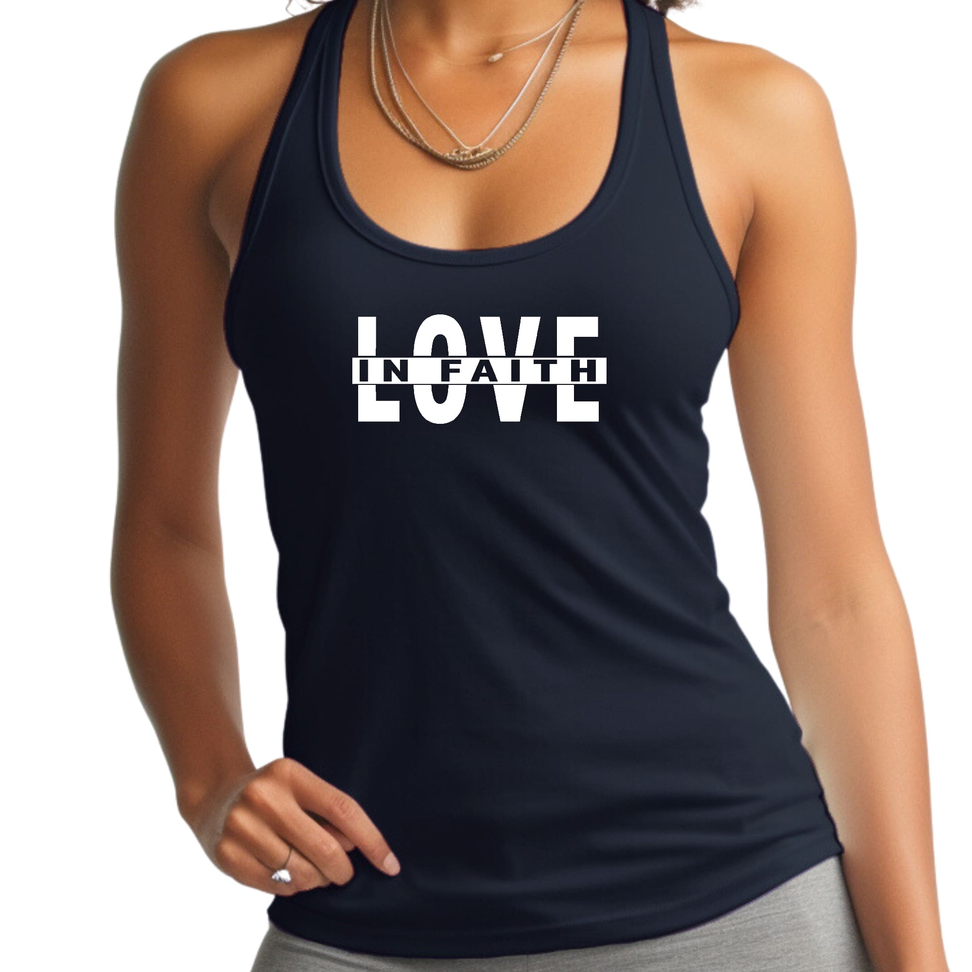 Women's Fitness Tank Top Graphic T-shirt featuring 'Love in Faith' design, made from soft preshrunk cotton for comfort and durability.