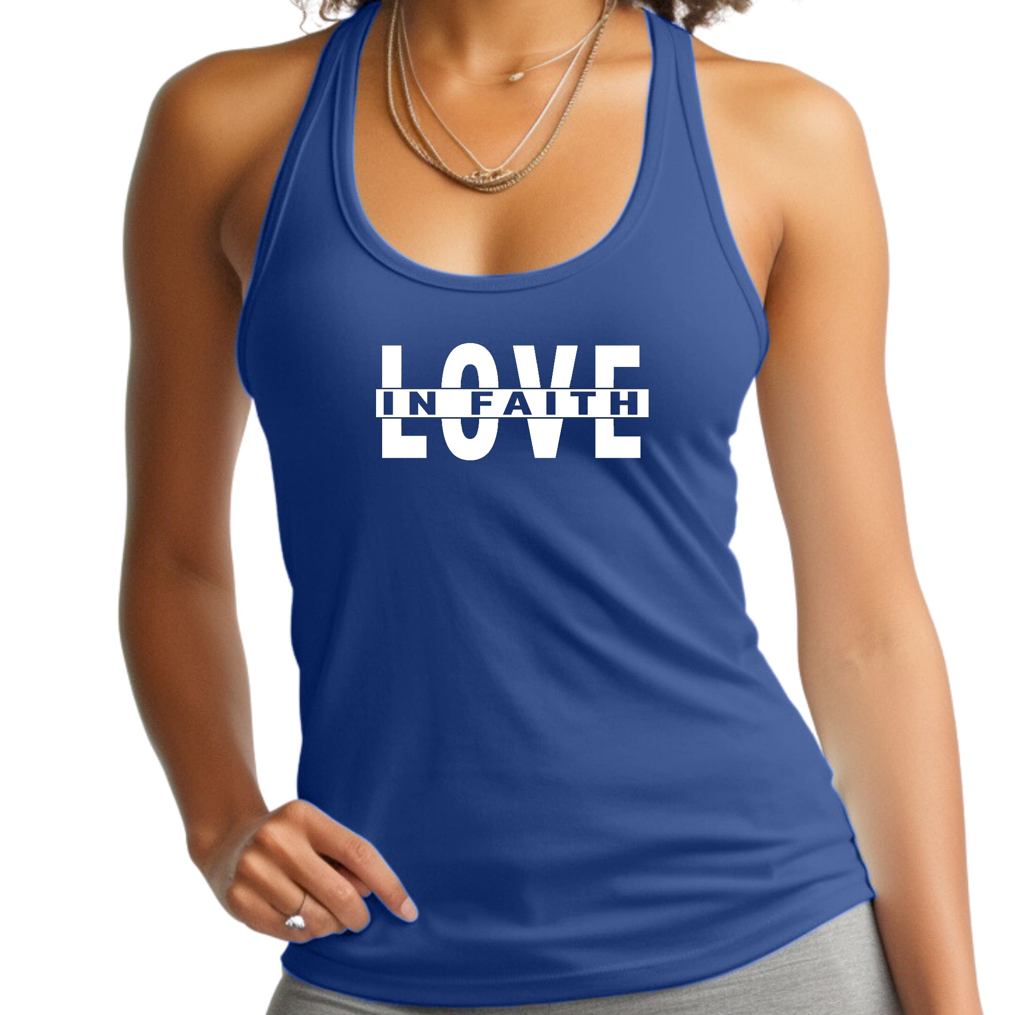 Women's Fitness Tank Top Graphic T-shirt featuring 'Love in Faith' design, made from soft preshrunk cotton for comfort and durability.