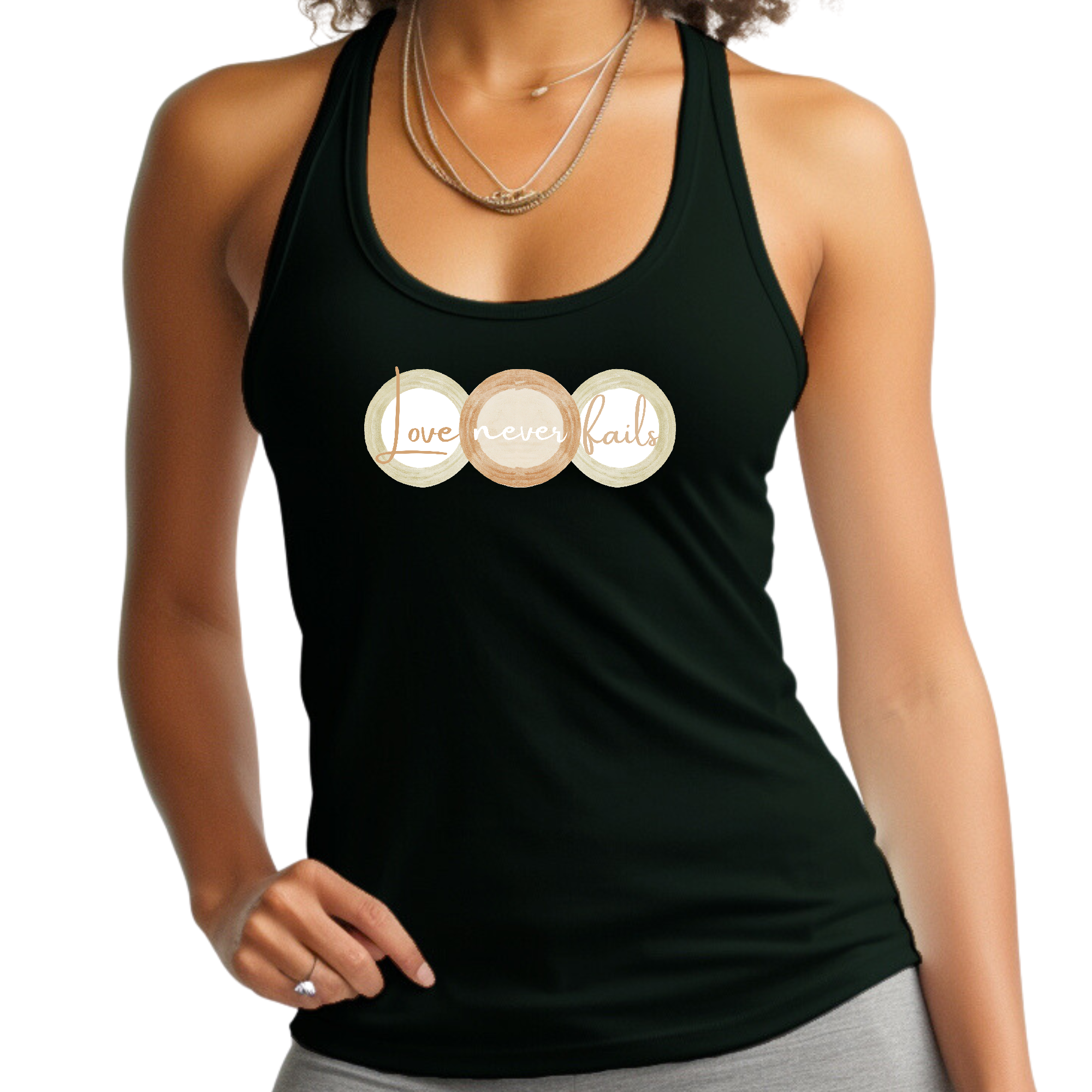 Women's Fitness Tank Top in pastel colors featuring 'Love Never Fails' graphic design, made from soft preshrunk cotton.