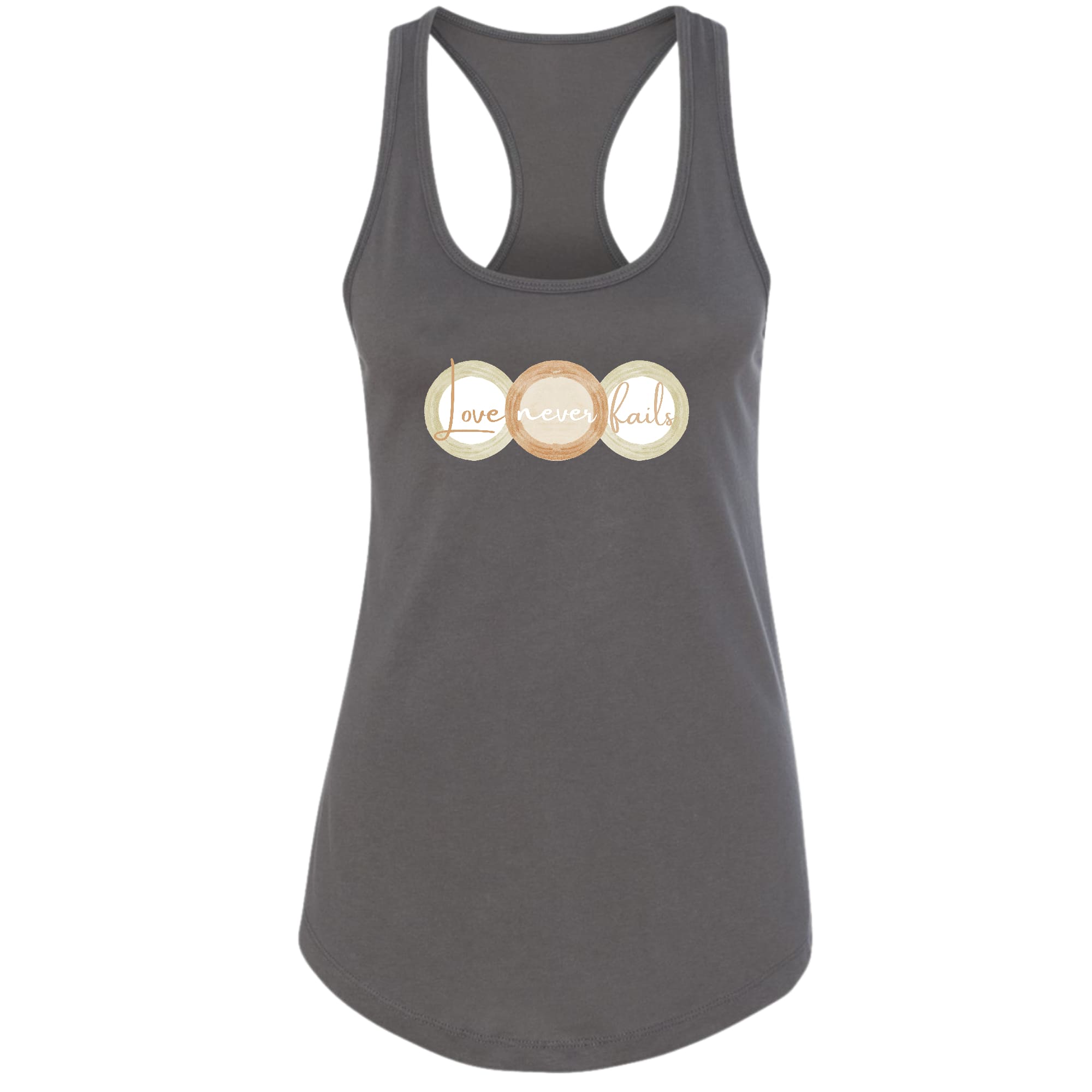 Women's Fitness Tank Top in pastel colors featuring 'Love Never Fails' graphic design, made from soft preshrunk cotton.