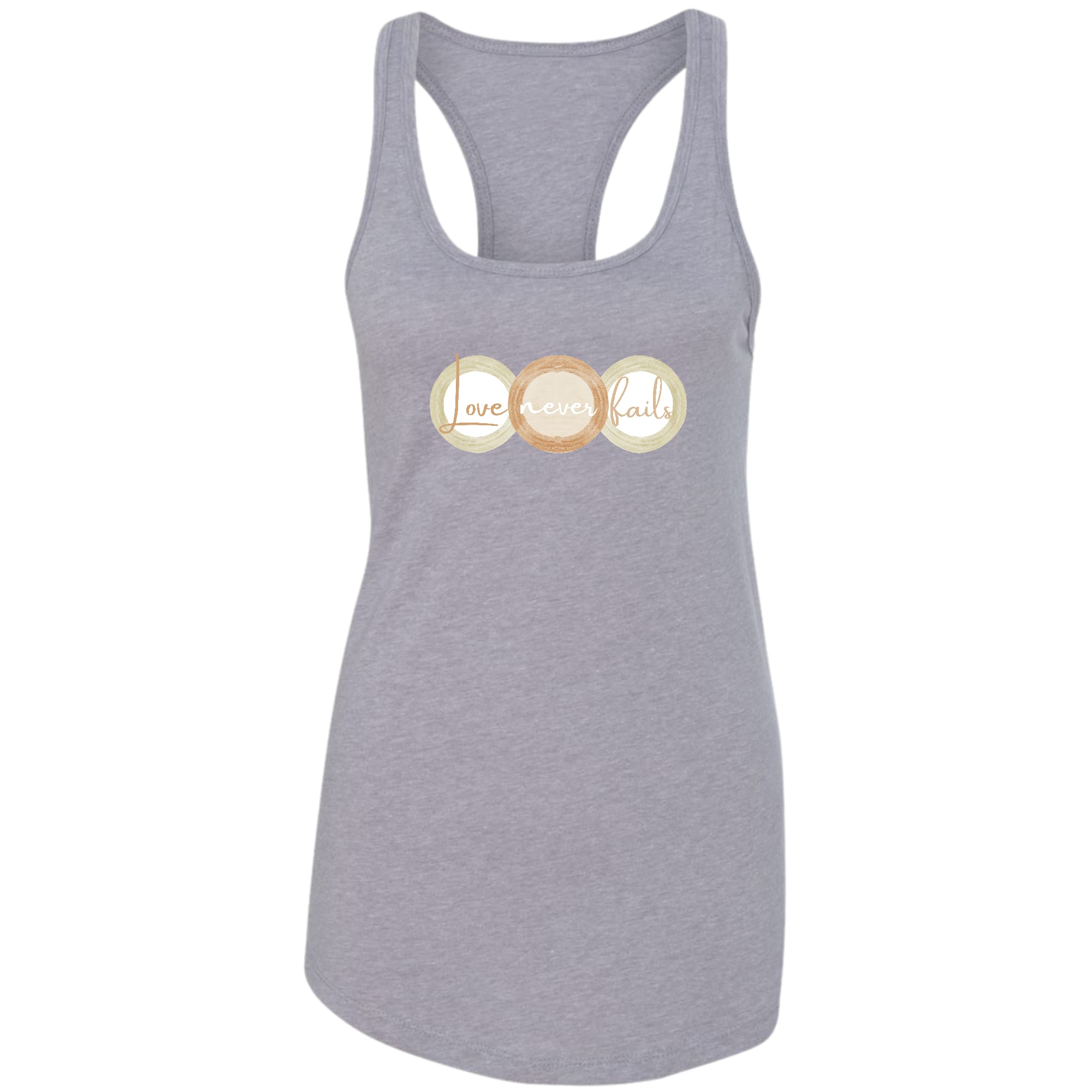 Women's Fitness Tank Top in pastel colors featuring 'Love Never Fails' graphic design, made from soft preshrunk cotton.