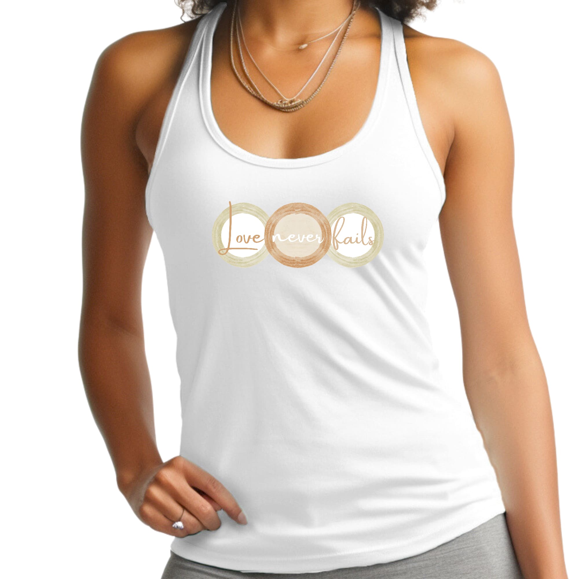 Women's Fitness Tank Top in pastel colors featuring 'Love Never Fails' graphic design, made from soft preshrunk cotton.