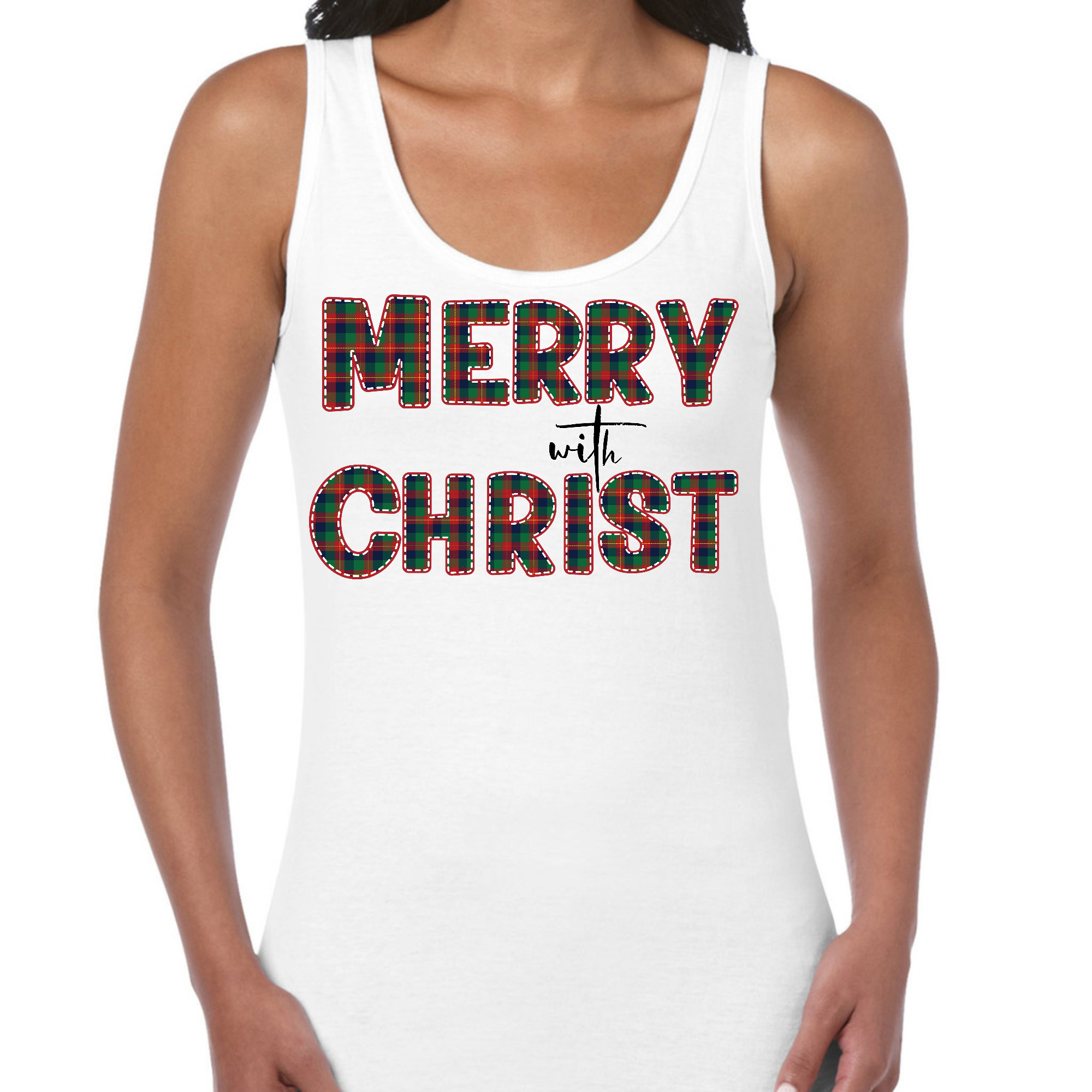 Red Women's Fitness Tank Top with Merry with Christ graphic, showcasing a comfortable and stylish design.