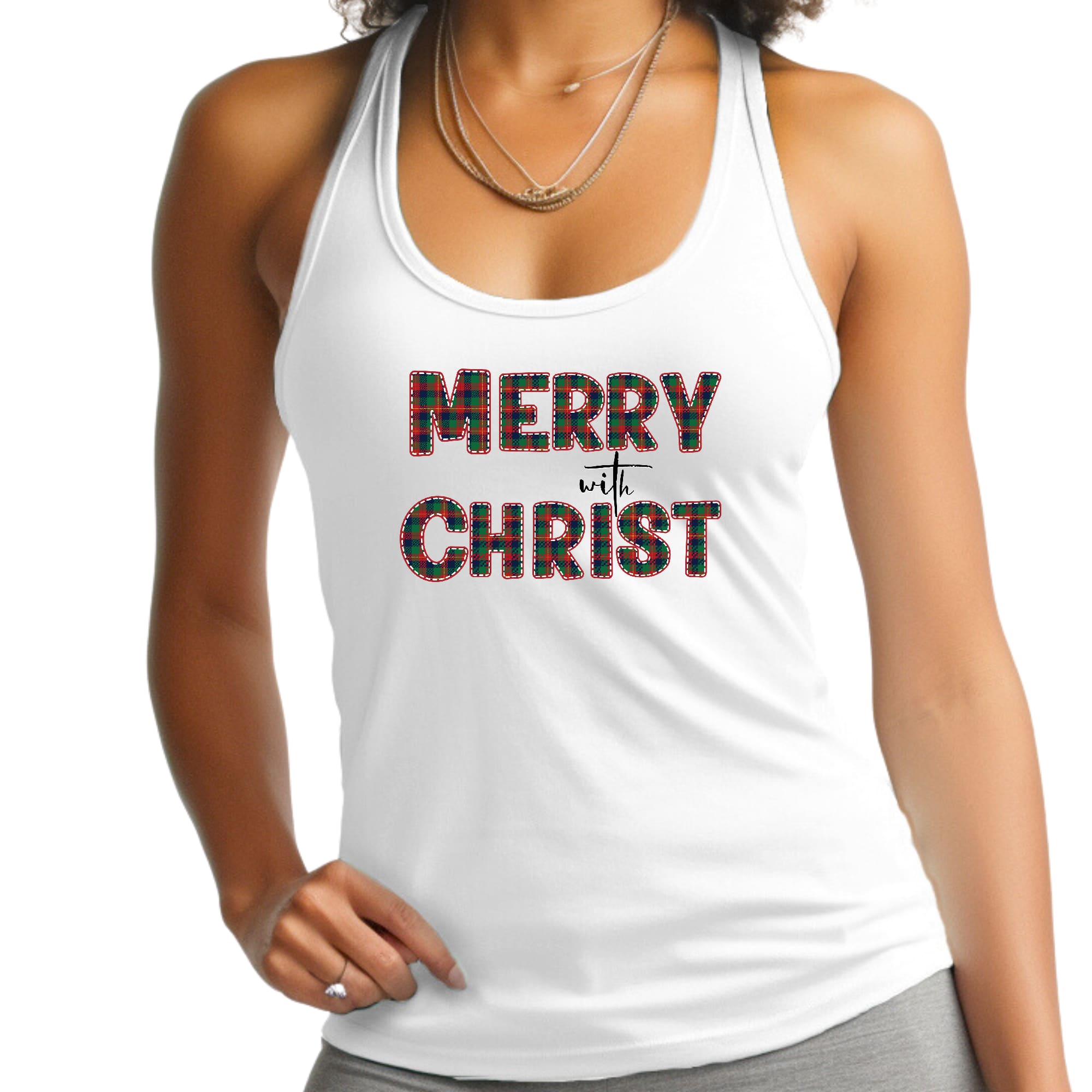 Red Women's Fitness Tank Top with Merry with Christ graphic, showcasing a comfortable and stylish design.