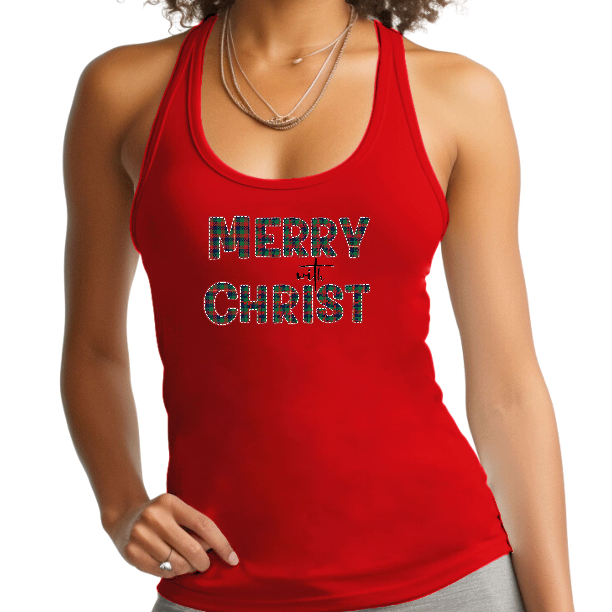 Red Women's Fitness Tank Top with Merry with Christ graphic, showcasing a comfortable and stylish design.