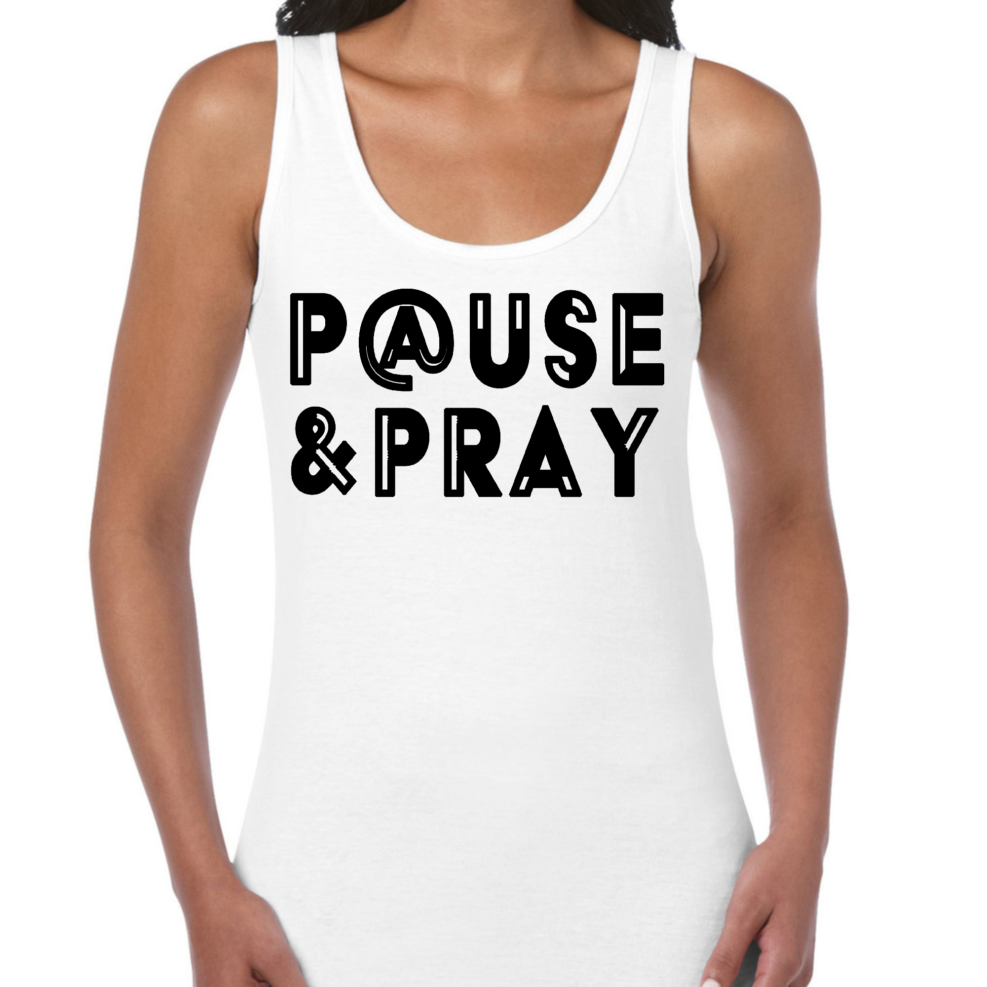 Womens Fitness Tank Top in black with 'Pause and Pray' graphic, showcasing a comfortable and stylish design for activewear.