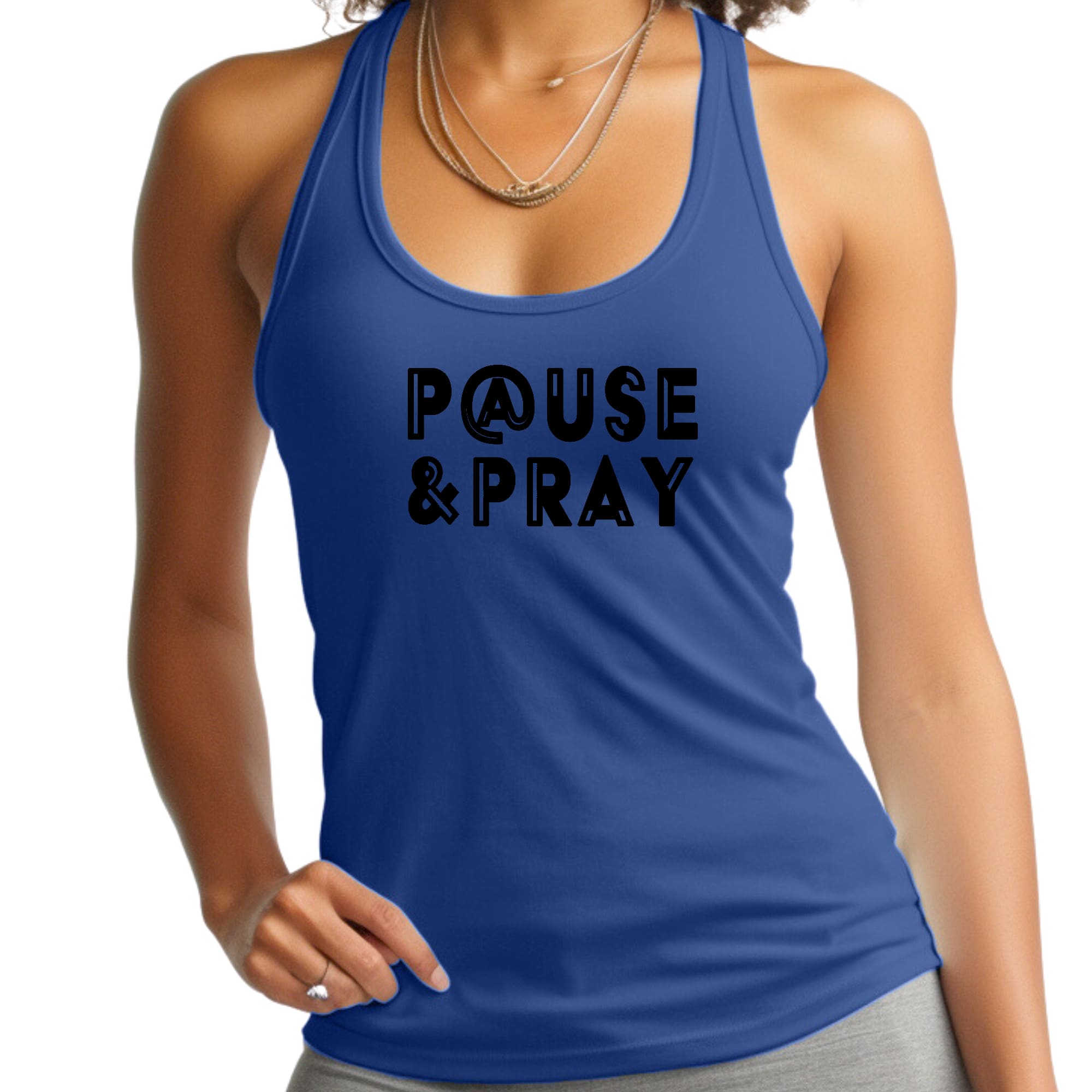 Womens Fitness Tank Top in black with 'Pause and Pray' graphic, showcasing a comfortable and stylish design for activewear.