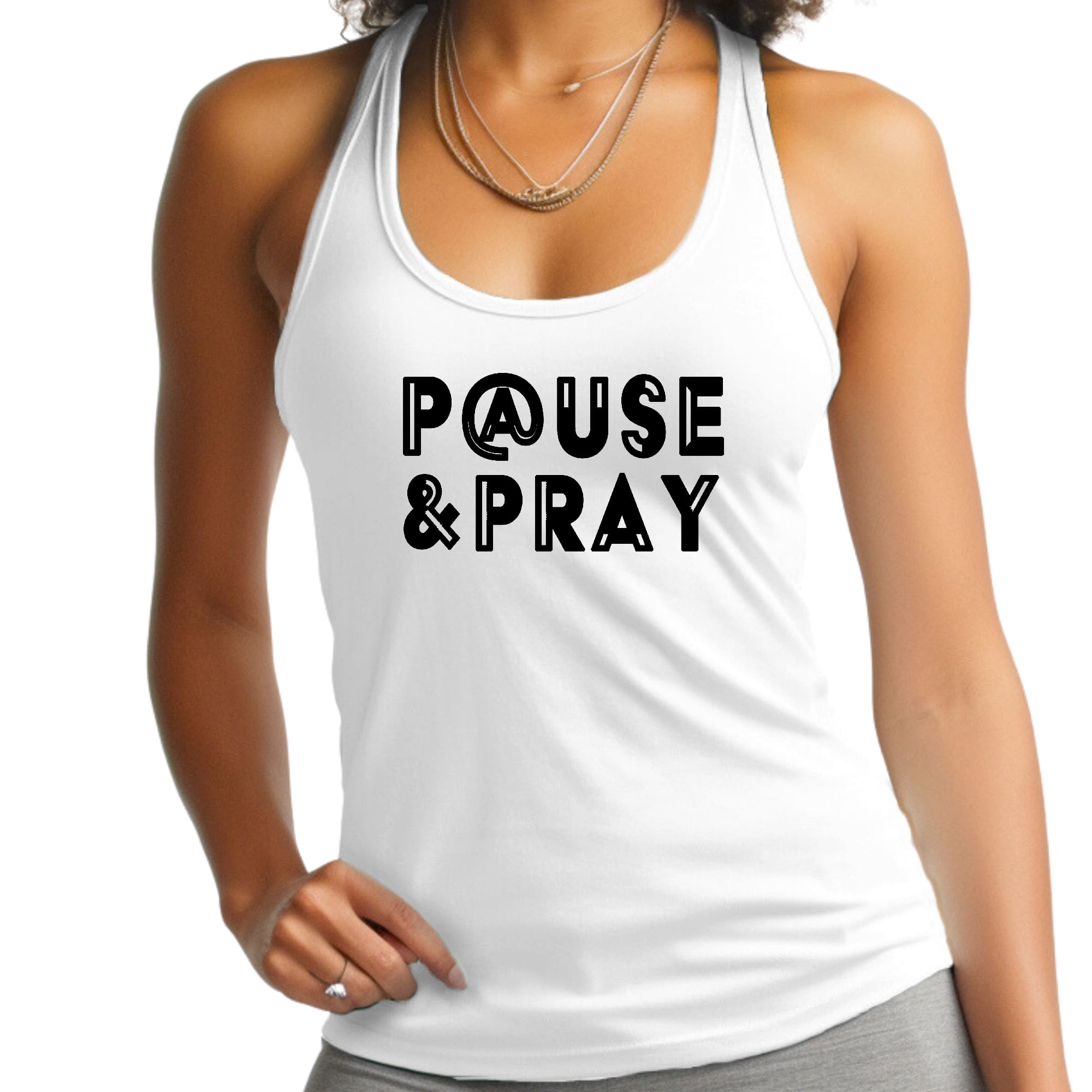 Womens Fitness Tank Top in black with 'Pause and Pray' graphic, showcasing a comfortable and stylish design for activewear.