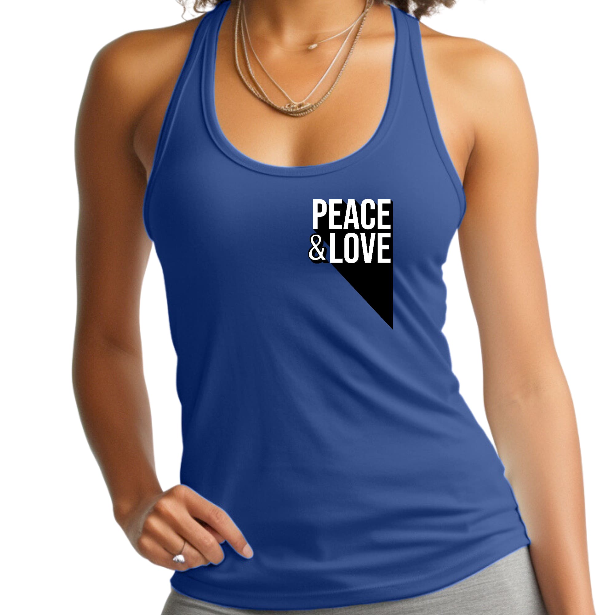 Women's Fitness Tank Top featuring a Peace and Love graphic print, made from soft preshrunk cotton for comfort and durability.