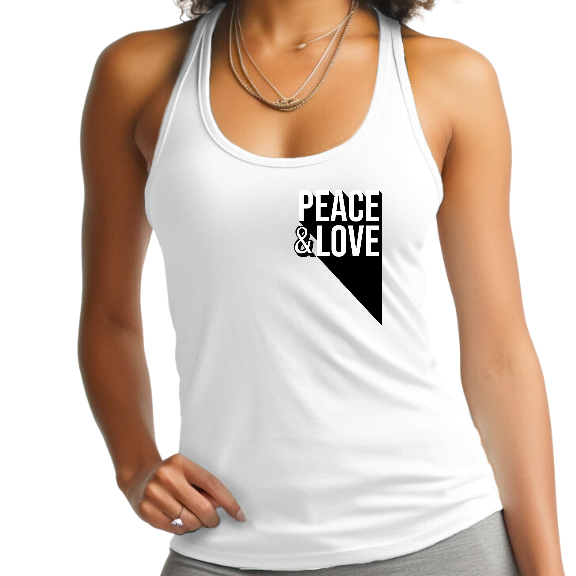 Women's Fitness Tank Top featuring a Peace and Love graphic print, made from soft preshrunk cotton for comfort and durability.