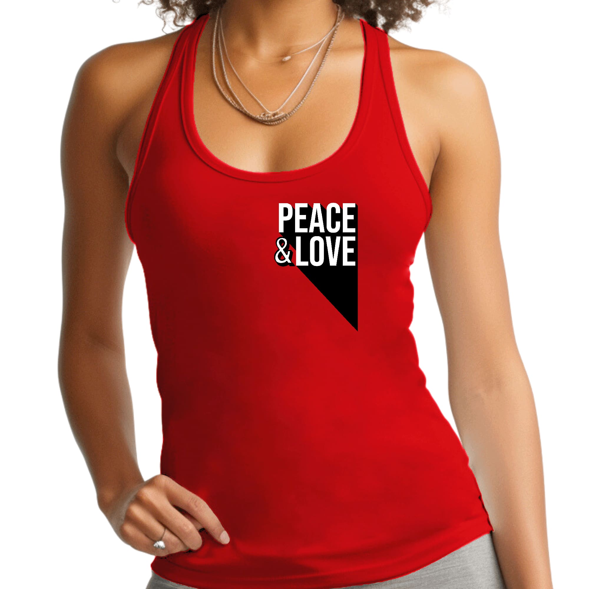 Women's Fitness Tank Top featuring a Peace and Love graphic print, made from soft preshrunk cotton for comfort and durability.