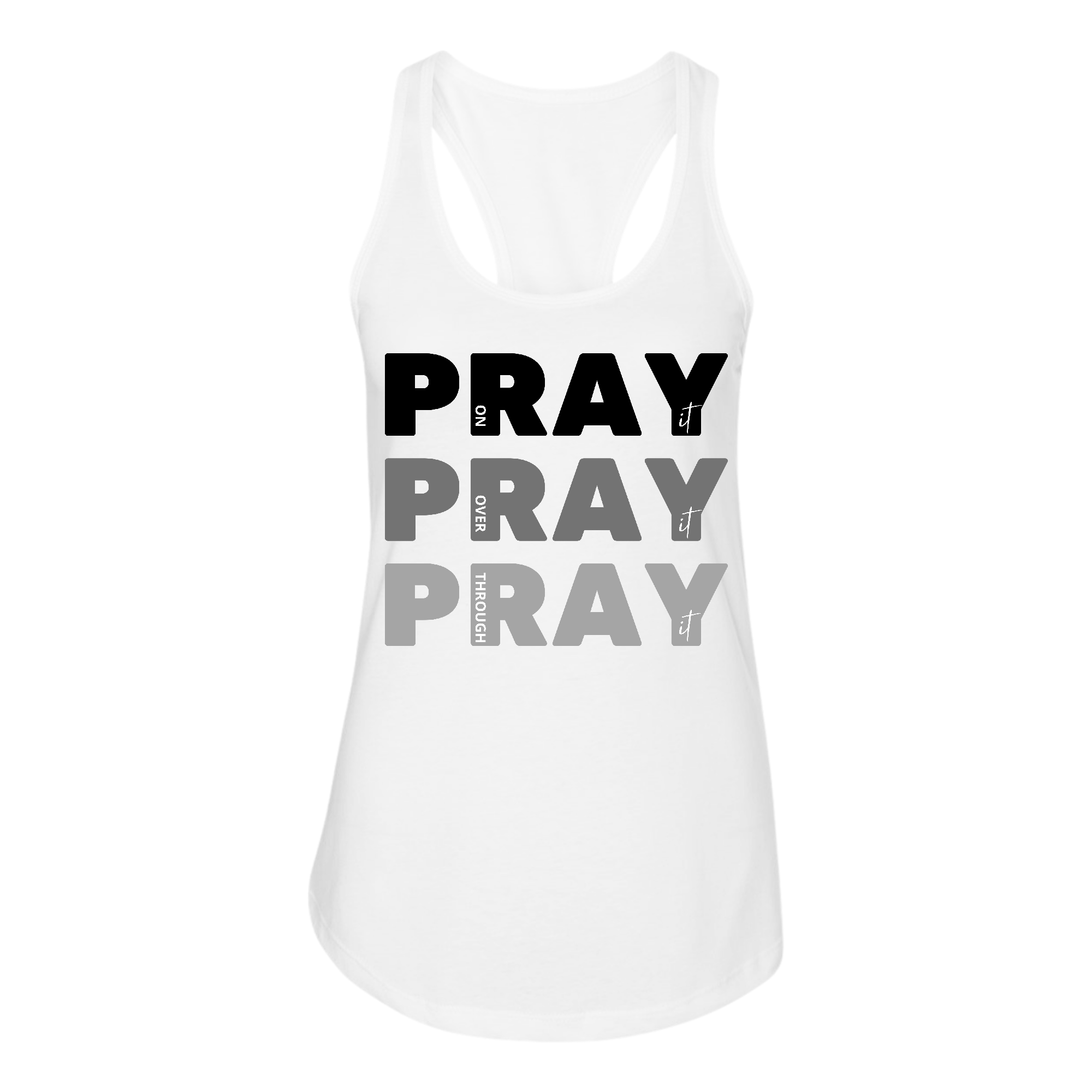 Women's Fitness Tank Top in black with 'Pray On It Over It Through It' graphic, made from soft preshrunk cotton.