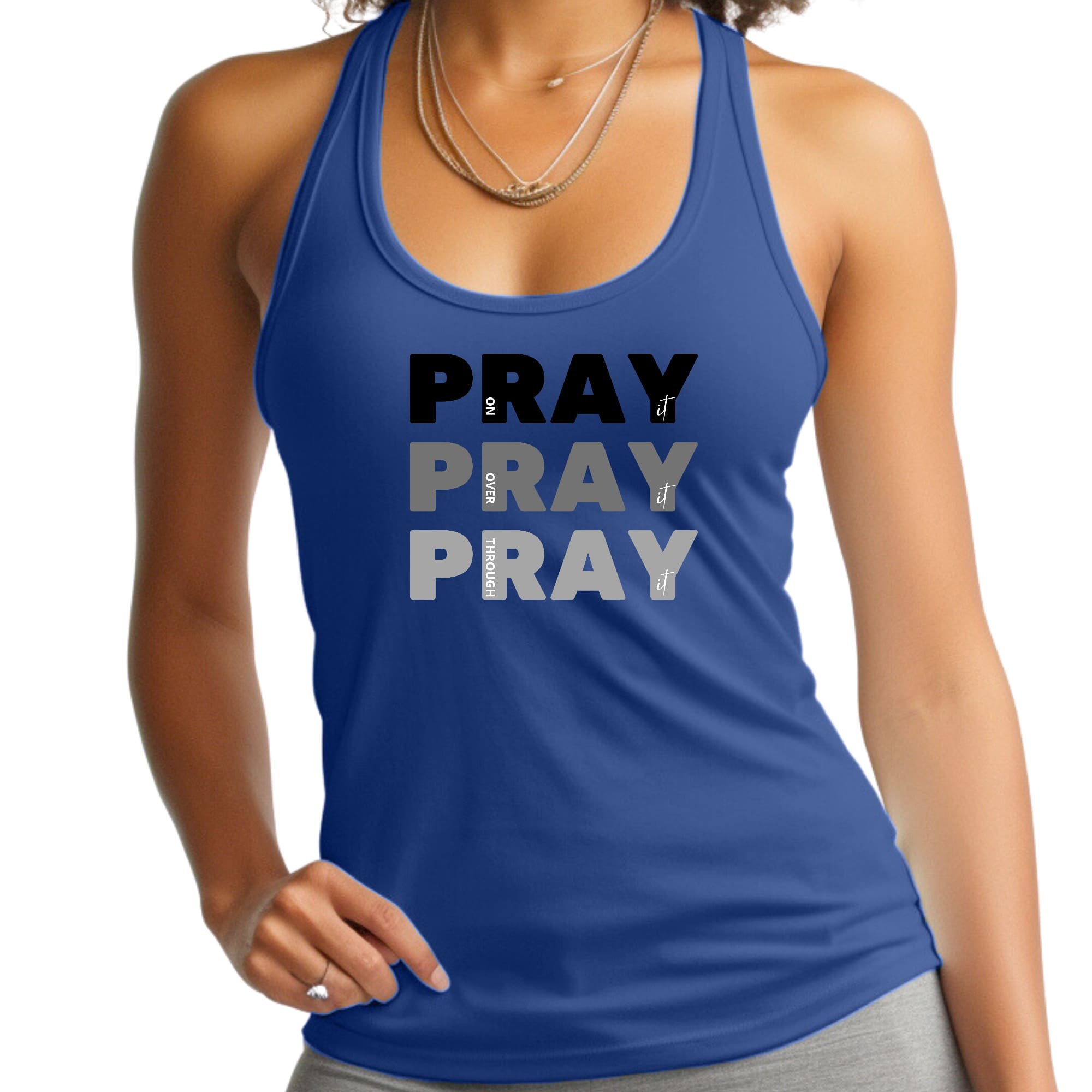 Women's Fitness Tank Top in black with 'Pray On It Over It Through It' graphic, made from soft preshrunk cotton.