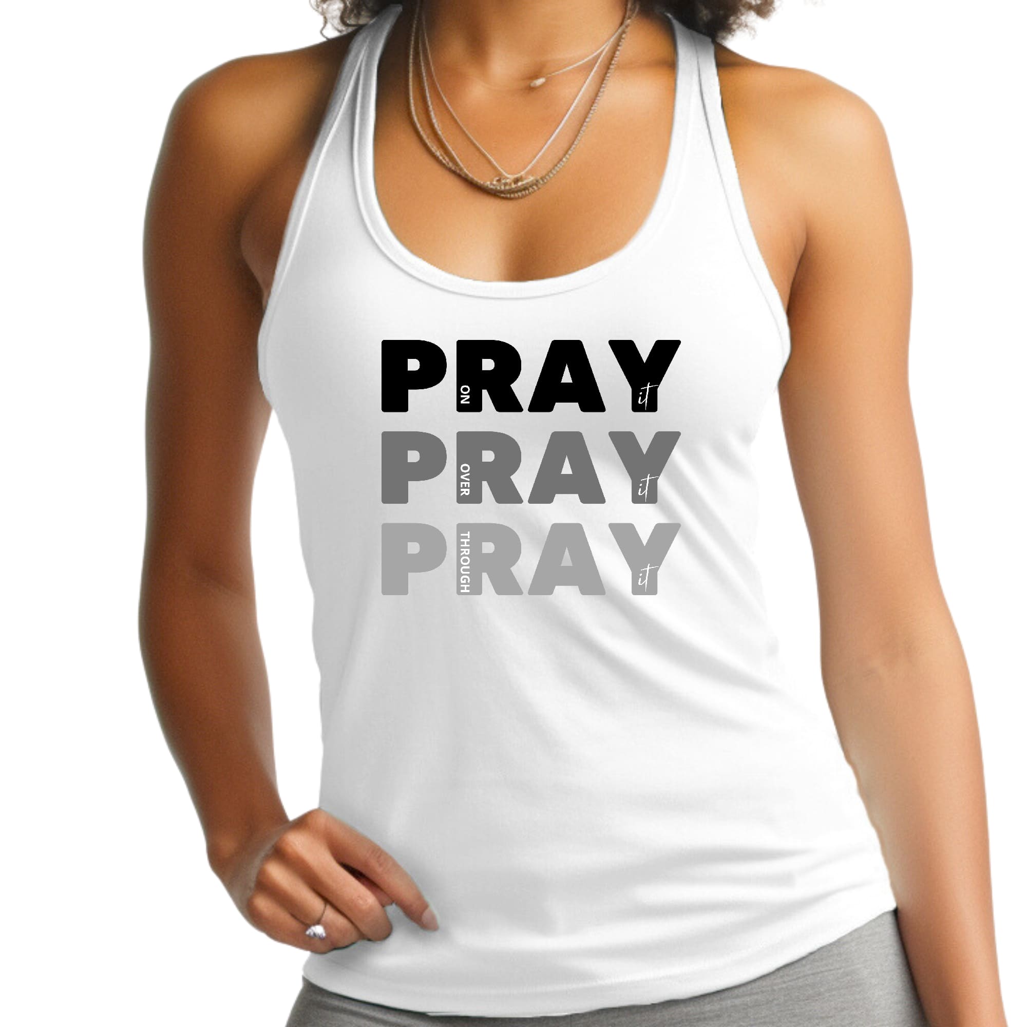 Women's Fitness Tank Top in black with 'Pray On It Over It Through It' graphic, made from soft preshrunk cotton.