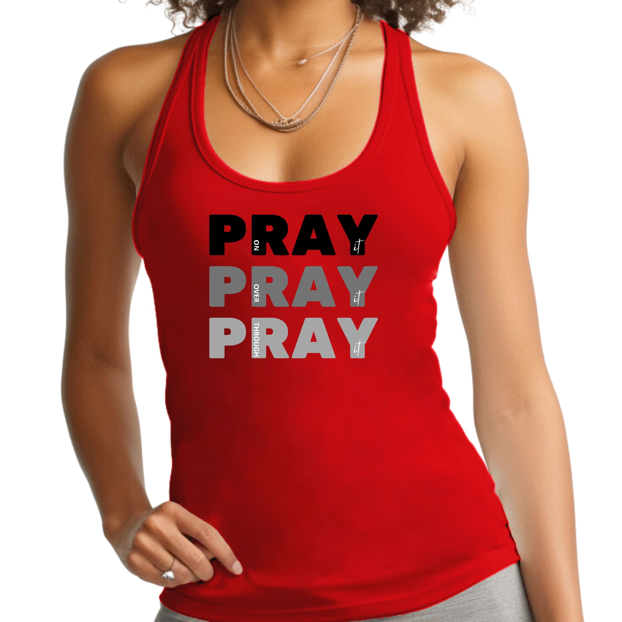 Women's Fitness Tank Top in black with 'Pray On It Over It Through It' graphic, made from soft preshrunk cotton.