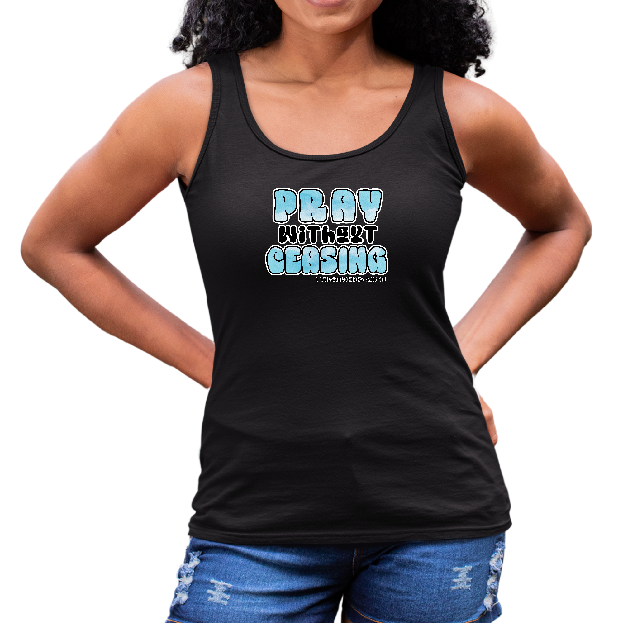 Women's Fitness Tank Top featuring 'Pray Without Ceasing' graphic, made of soft cotton with a comfortable fit.