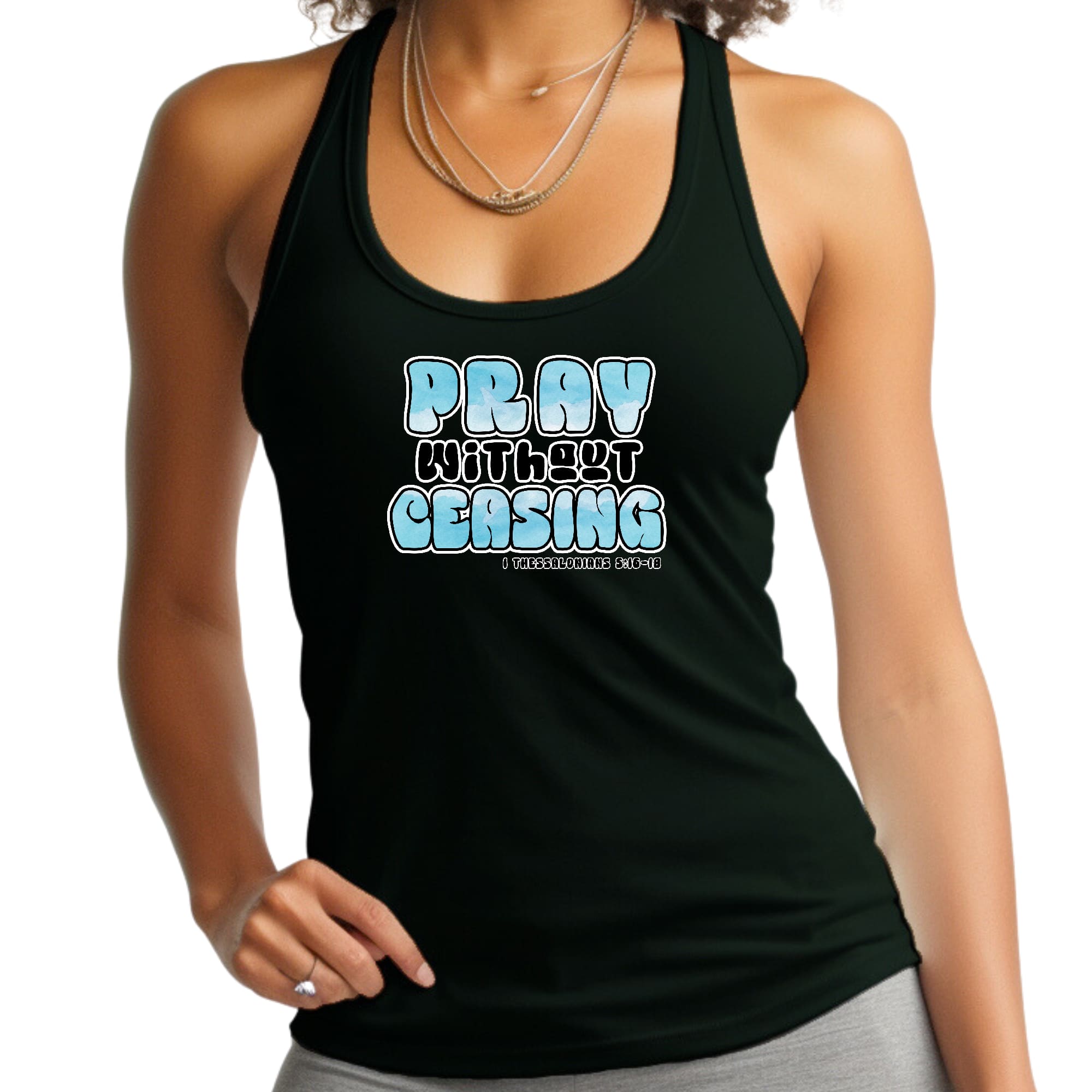 Women's Fitness Tank Top featuring 'Pray Without Ceasing' graphic, made of soft cotton with a comfortable fit.