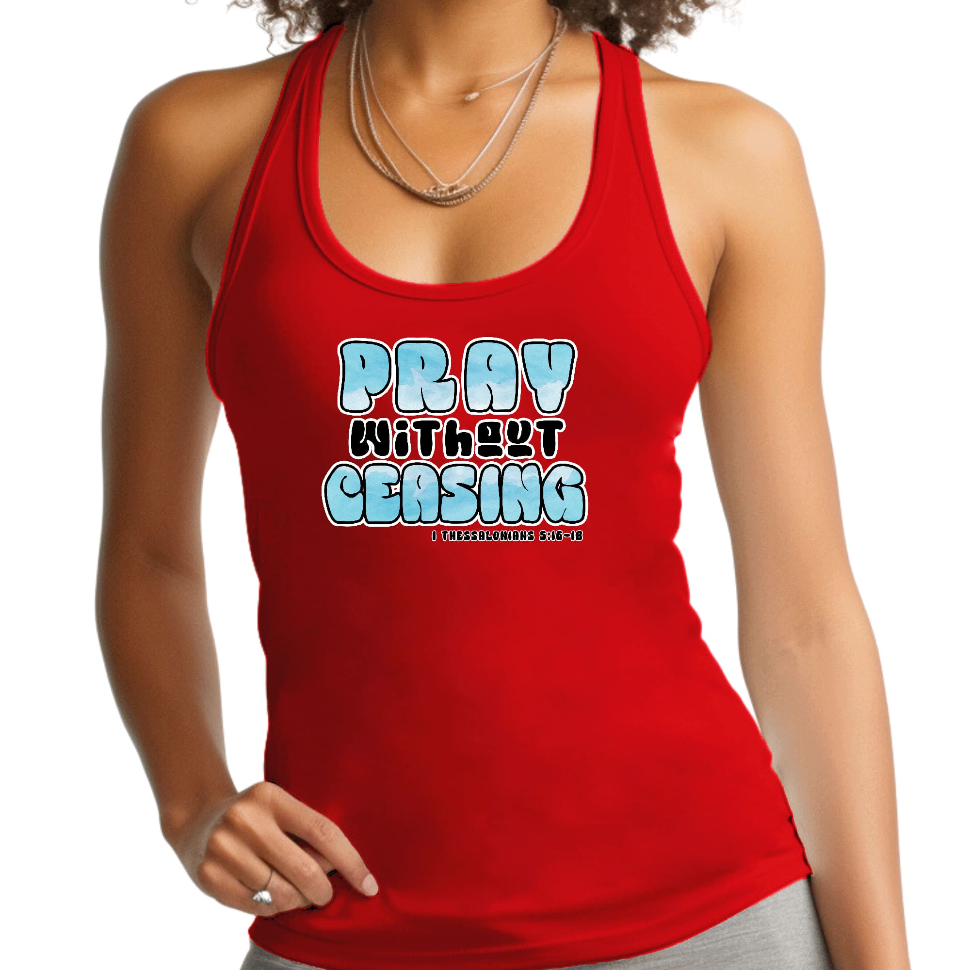 Women's Fitness Tank Top featuring 'Pray Without Ceasing' graphic, made of soft cotton with a comfortable fit.