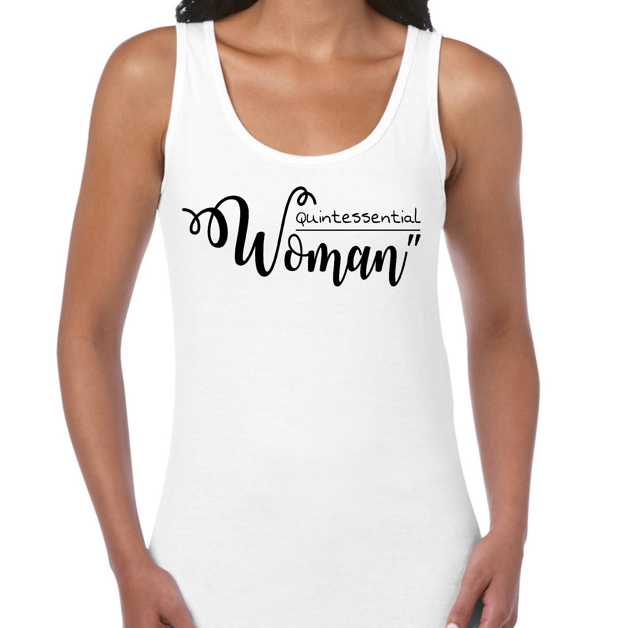 Black Womens Fitness Tank Top featuring the inspirational 'Quintessential Woman' graphic design, made from soft preshrunk cotton.