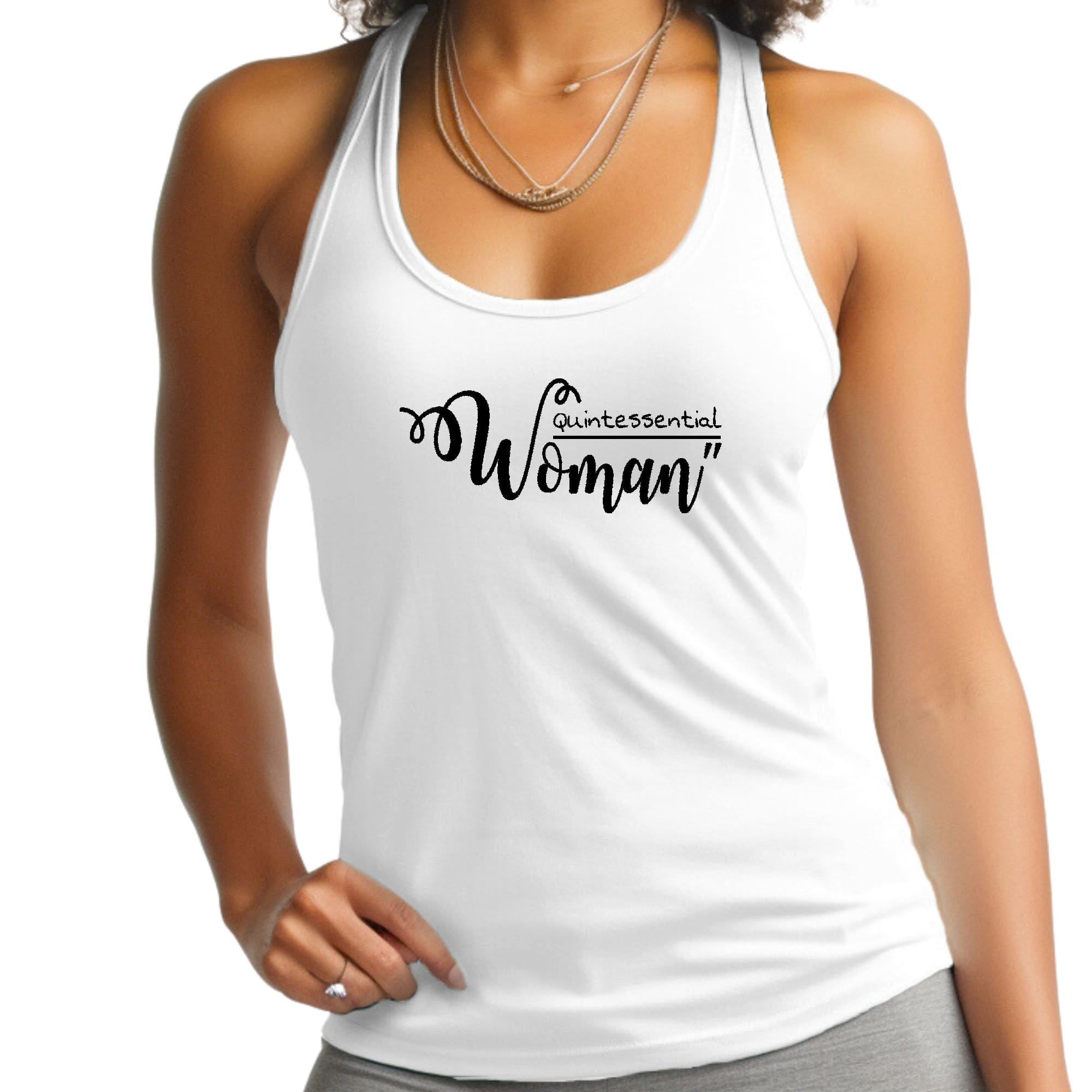 Black Womens Fitness Tank Top featuring the inspirational 'Quintessential Woman' graphic design, made from soft preshrunk cotton.