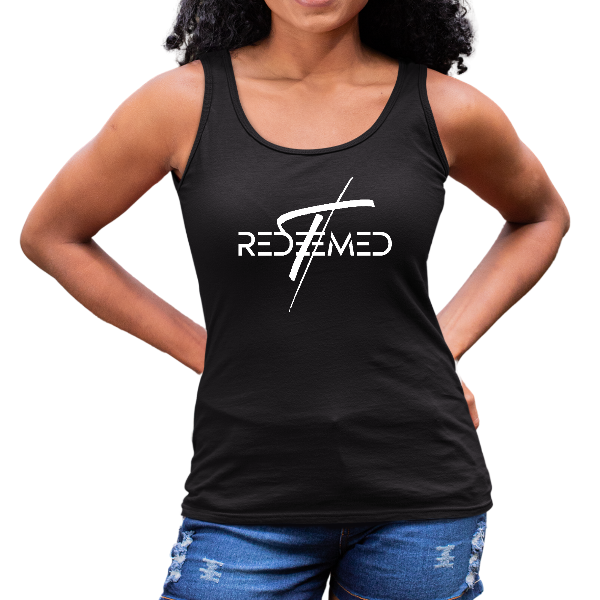 Women's Fitness Tank Top featuring a Redeemed Cross graphic design, made from soft preshrunk cotton for comfort and durability.