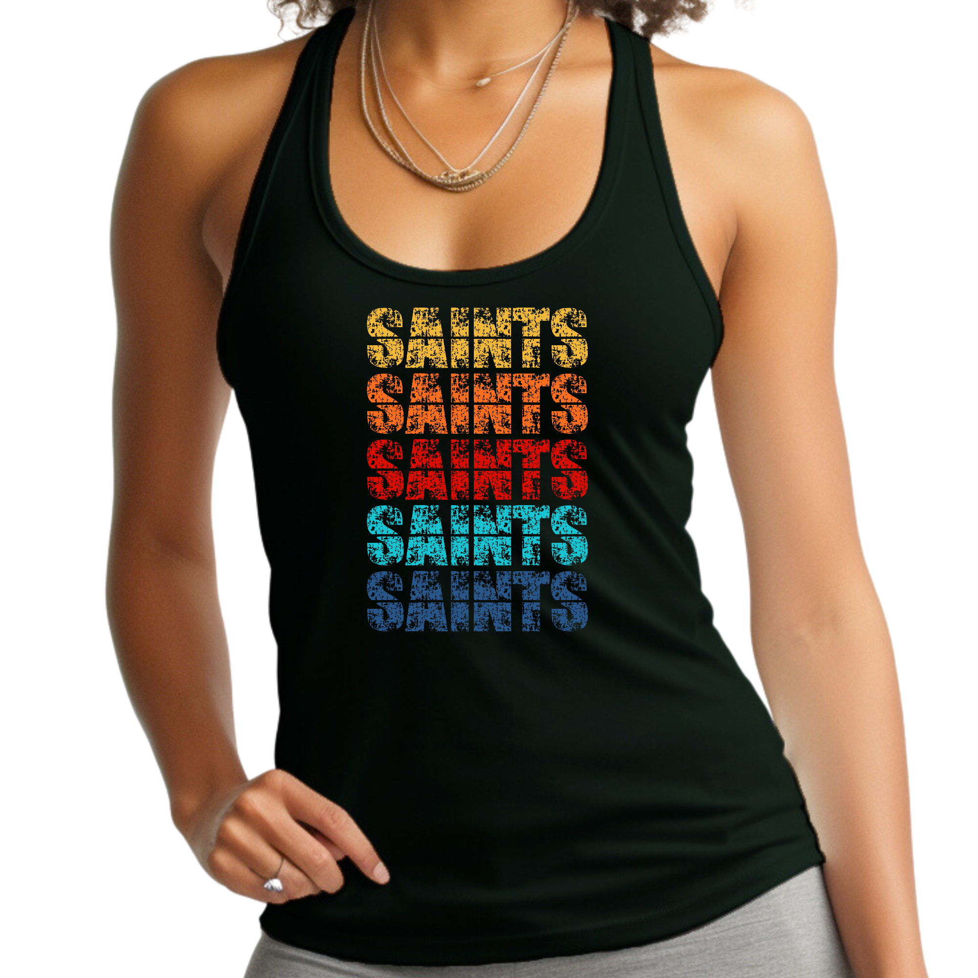 Women's Fitness Tank Top featuring Saints Colorful Art design, made from soft preshrunk cotton for comfort and durability.