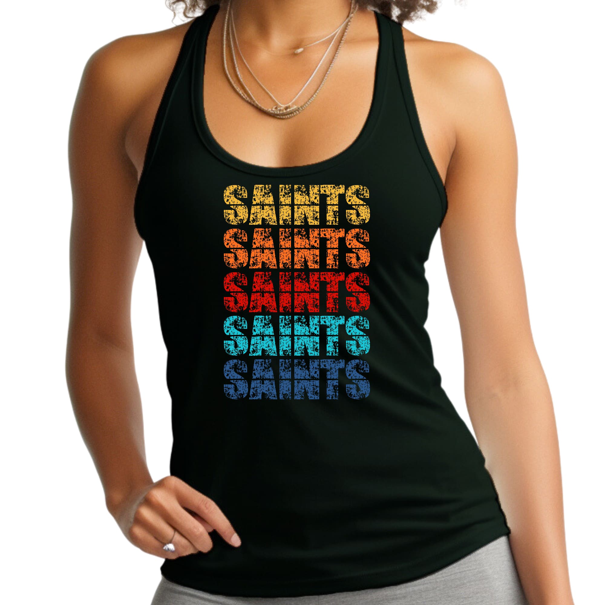 Women's Fitness Tank Top featuring Saints Colorful Art design, made from soft preshrunk cotton for comfort and durability.