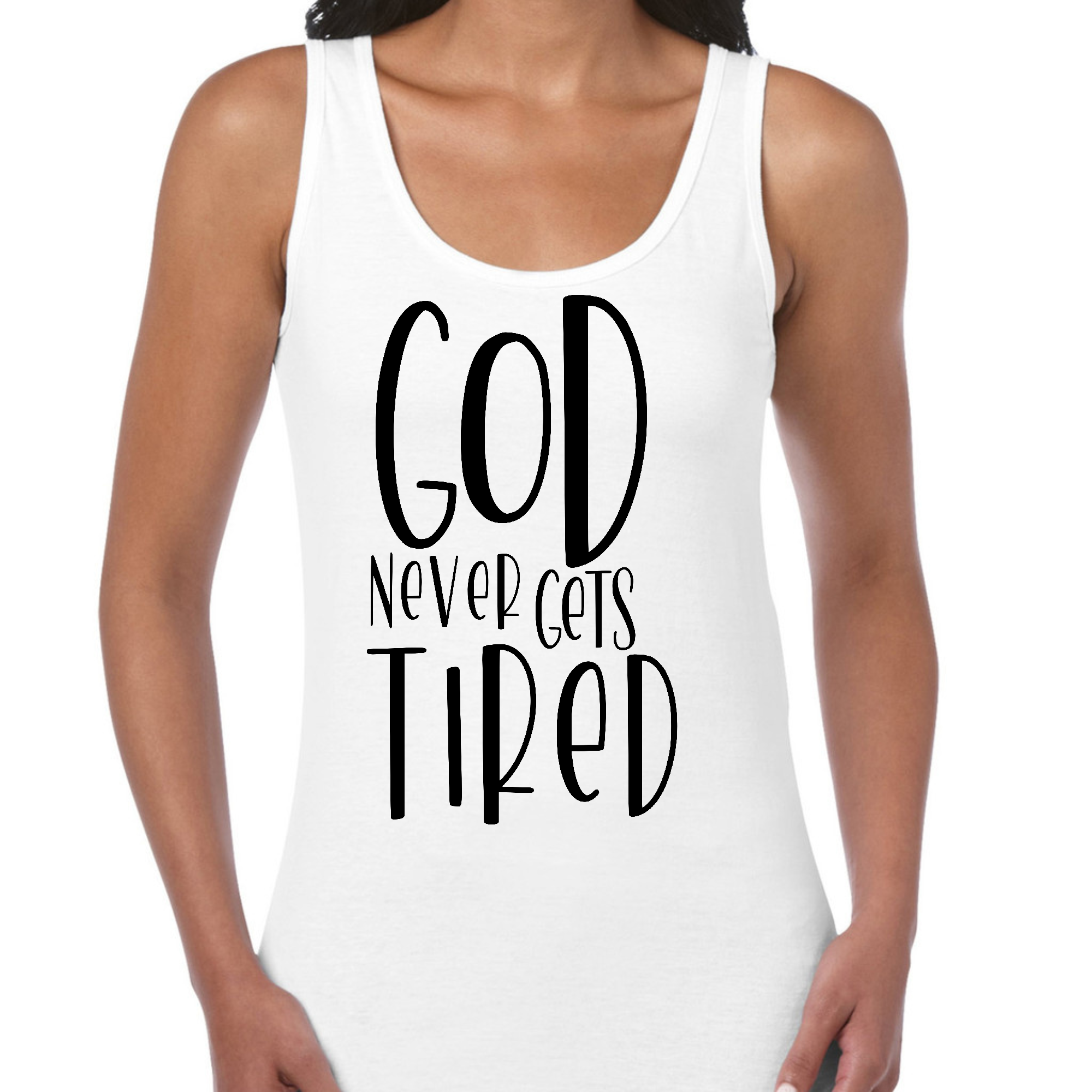 Women's Fitness Tank Top featuring the quote 'God Never Gets Tired', made from soft preshrunk cotton, ideal for workouts and casual wear.