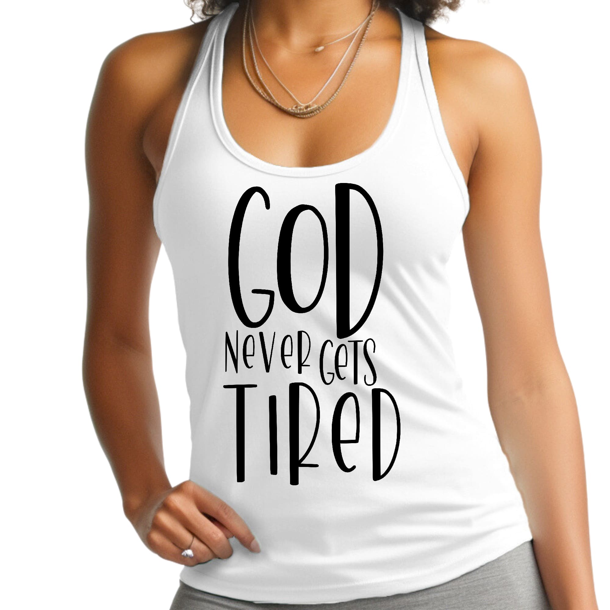 Women's Fitness Tank Top featuring the quote 'God Never Gets Tired', made from soft preshrunk cotton, ideal for workouts and casual wear.