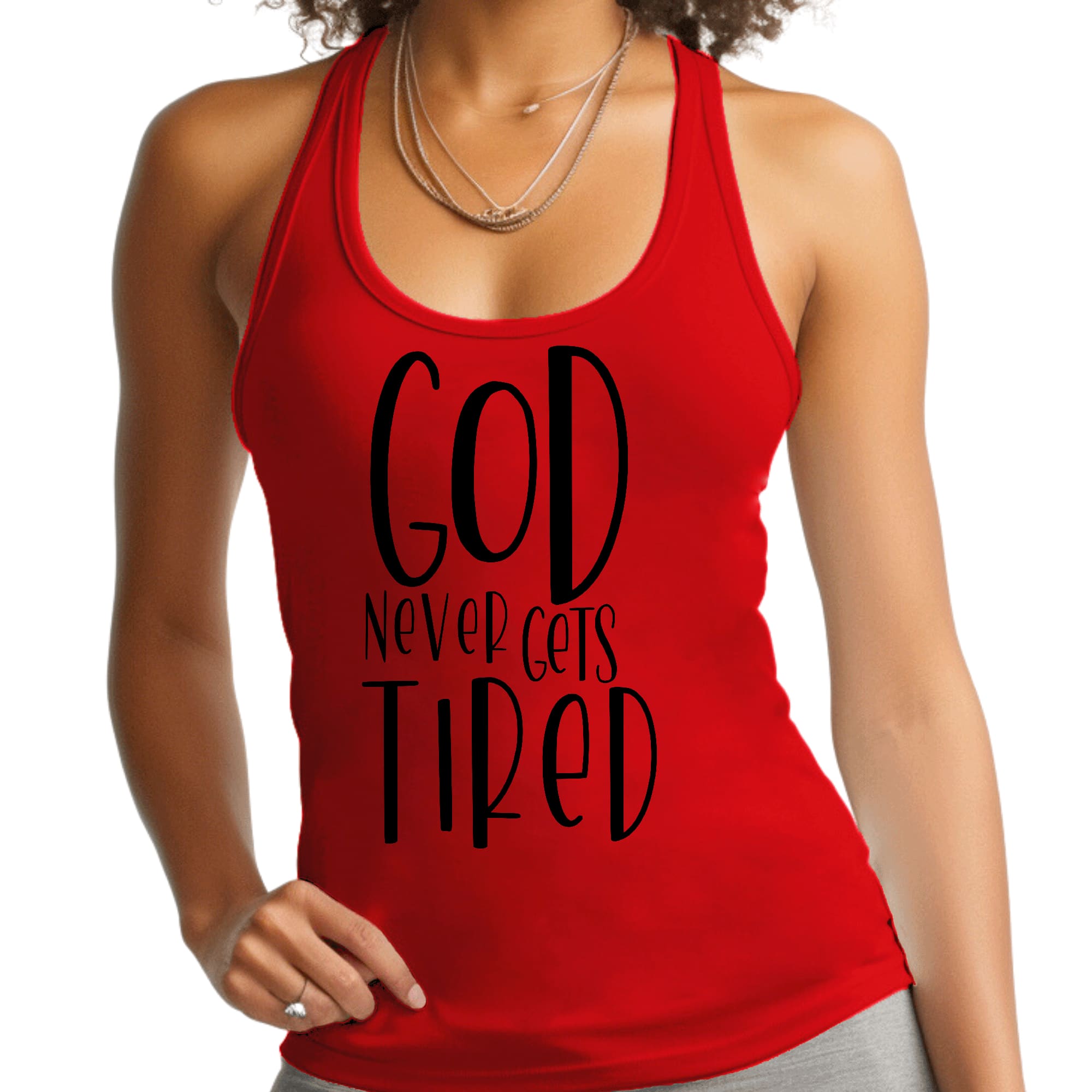 Women's Fitness Tank Top featuring the quote 'God Never Gets Tired', made from soft preshrunk cotton, ideal for workouts and casual wear.