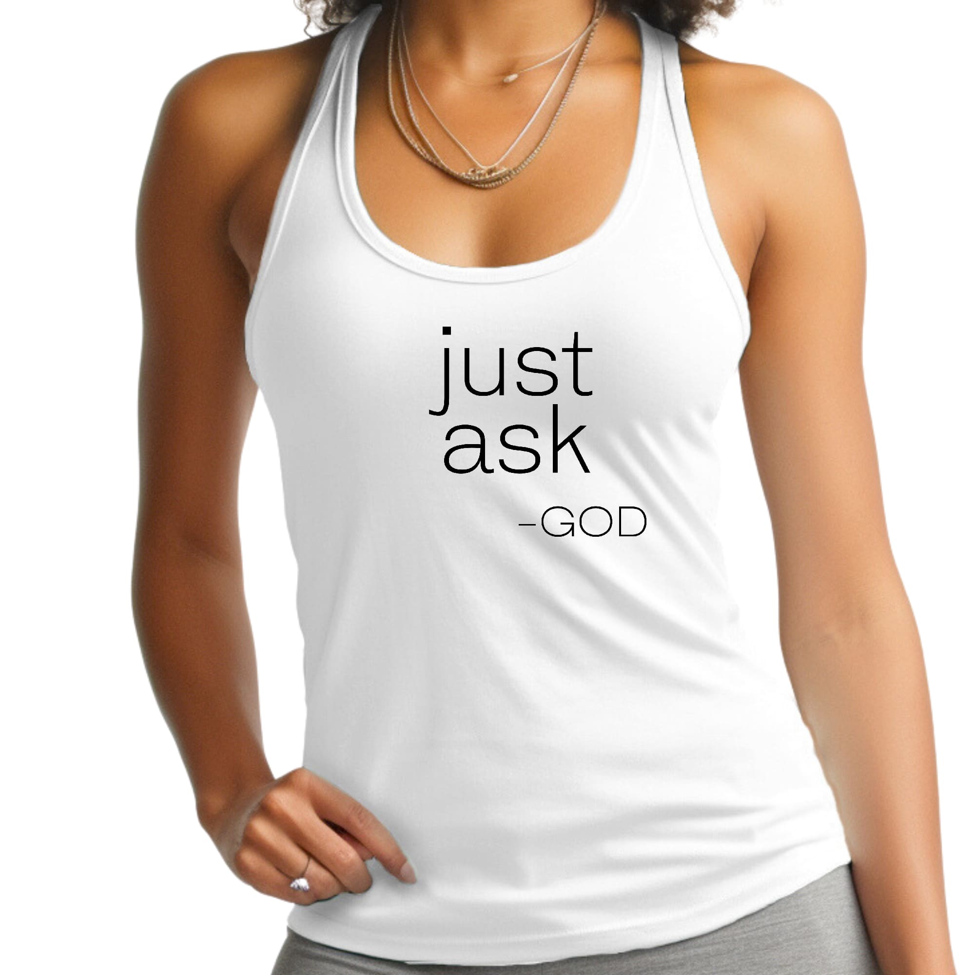 Womens Fitness Tank Top featuring 'Just Ask-God' graphic, made from soft preshrunk cotton, ideal for activewear.