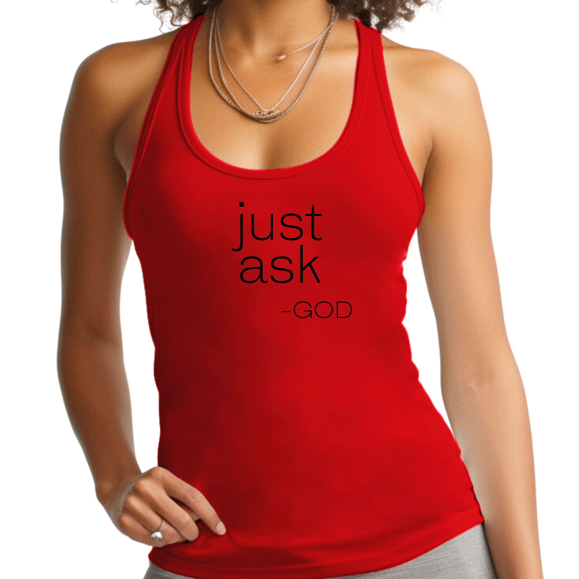 Womens Fitness Tank Top featuring 'Just Ask-God' graphic, made from soft preshrunk cotton, ideal for activewear.