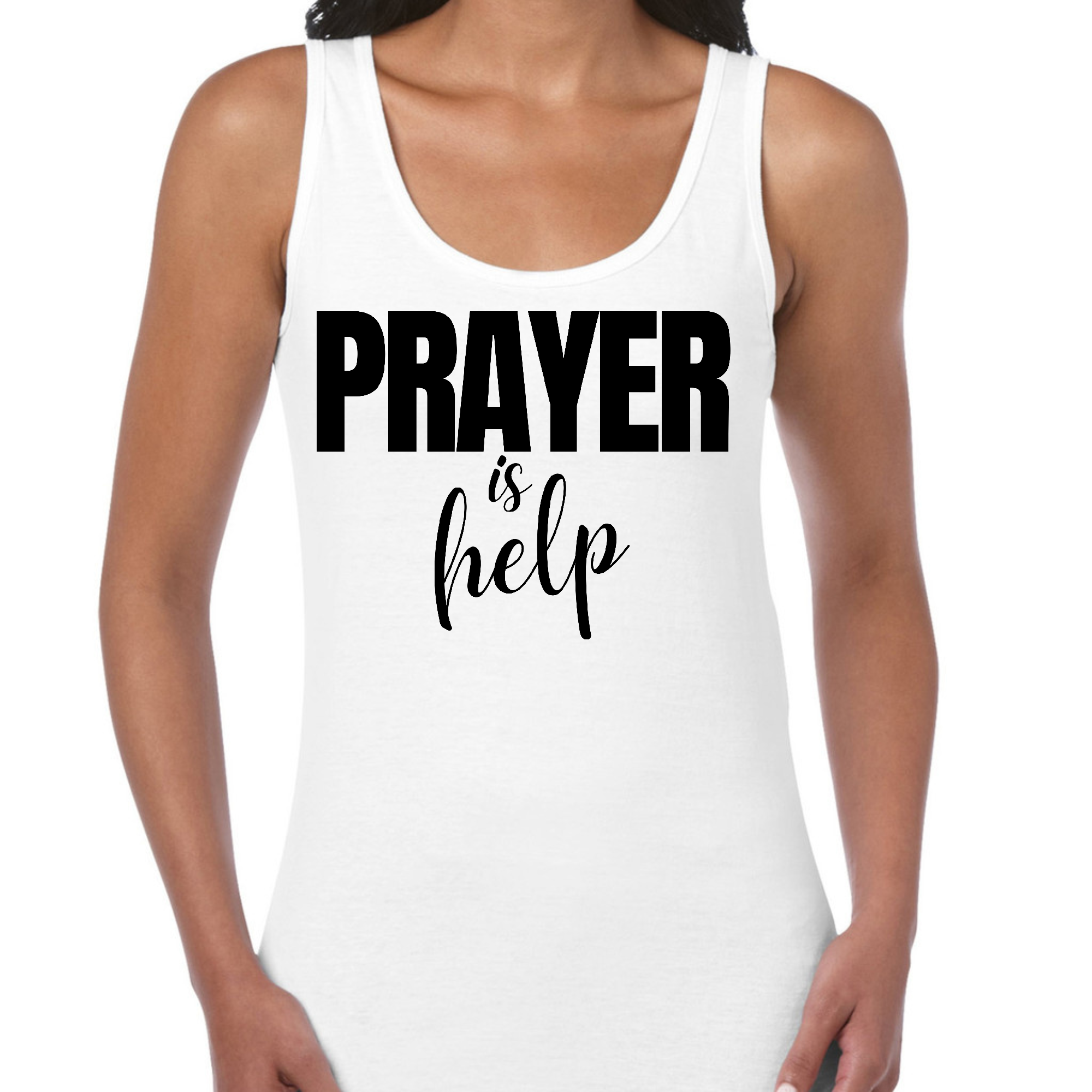 Women's Fitness Tank Top featuring the quote 'Prayer is Help' in a stylish graphic design, made from soft preshrunk cotton.