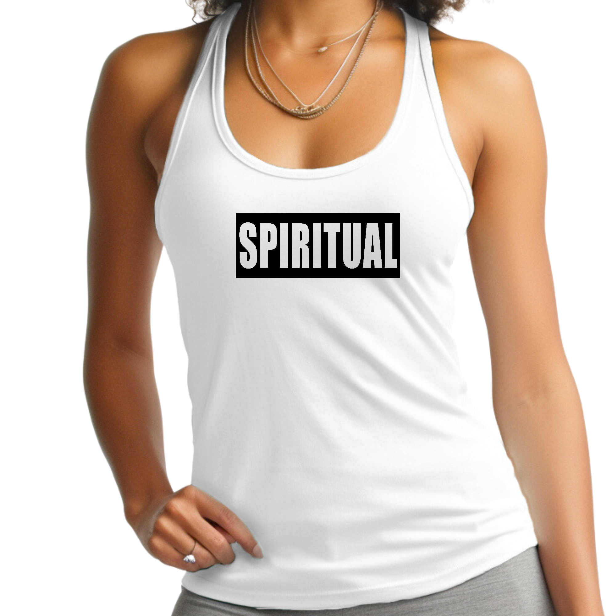 Womens Fitness Tank Top in Spiritual Black Colorblock, showcasing soft cotton fabric and stylish design.