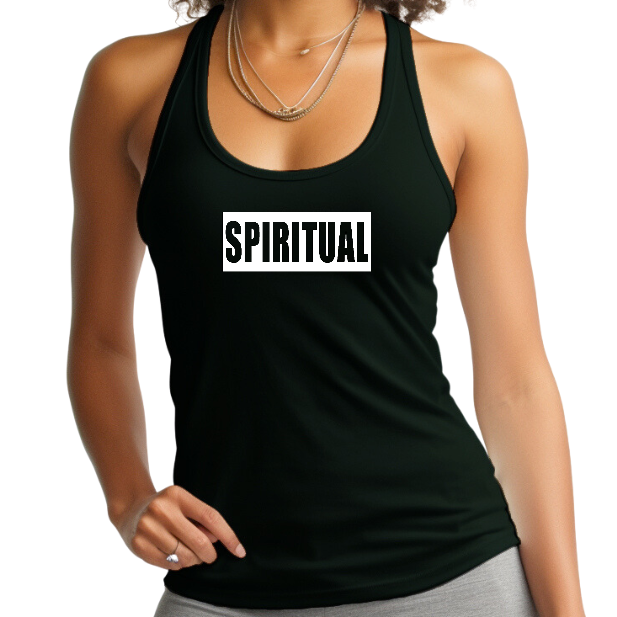 Women's Fitness Tank Top in Spiritual White Colorblock design, showcasing soft cotton fabric and stylish graphic illustration.