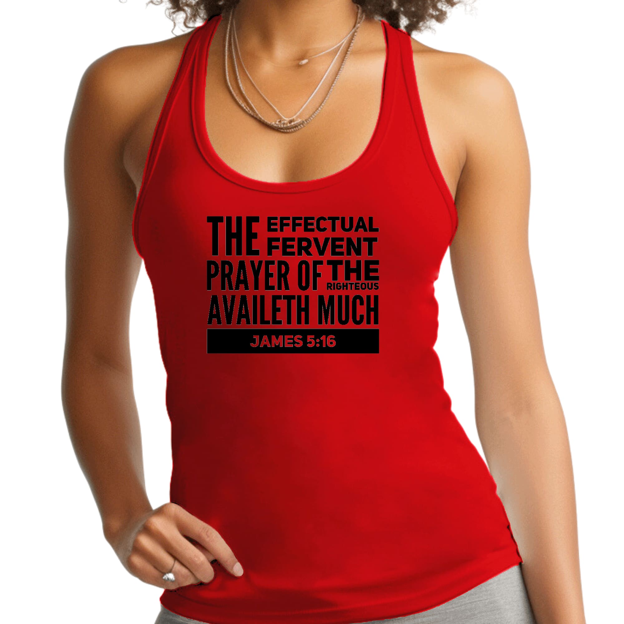 Black Women's Fitness Tank Top featuring the graphic 'The Effectual Fervent Prayer Of The Righteous Availeth Much' from James 5:16.