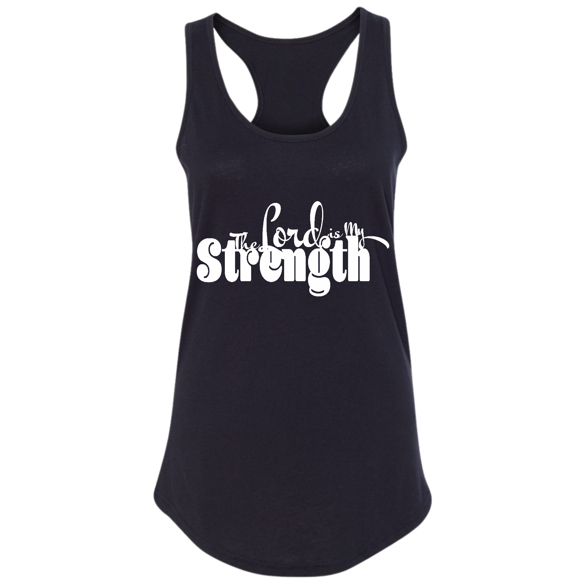 Women's Fitness Tank Top with 'The Lord is My Strength' graphic print, made from soft preshrunk cotton, ideal for workouts and casual wear.