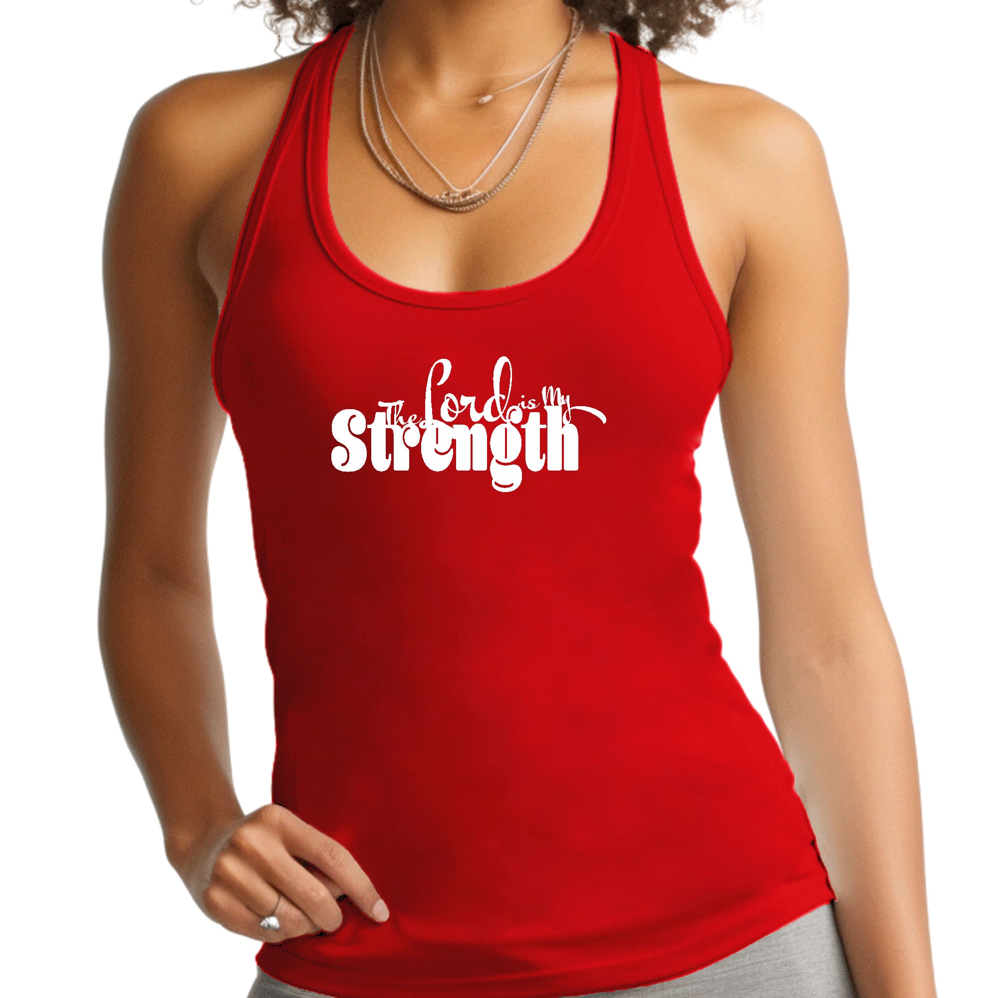 Women's Fitness Tank Top with 'The Lord is My Strength' graphic print, made from soft preshrunk cotton, ideal for workouts and casual wear.