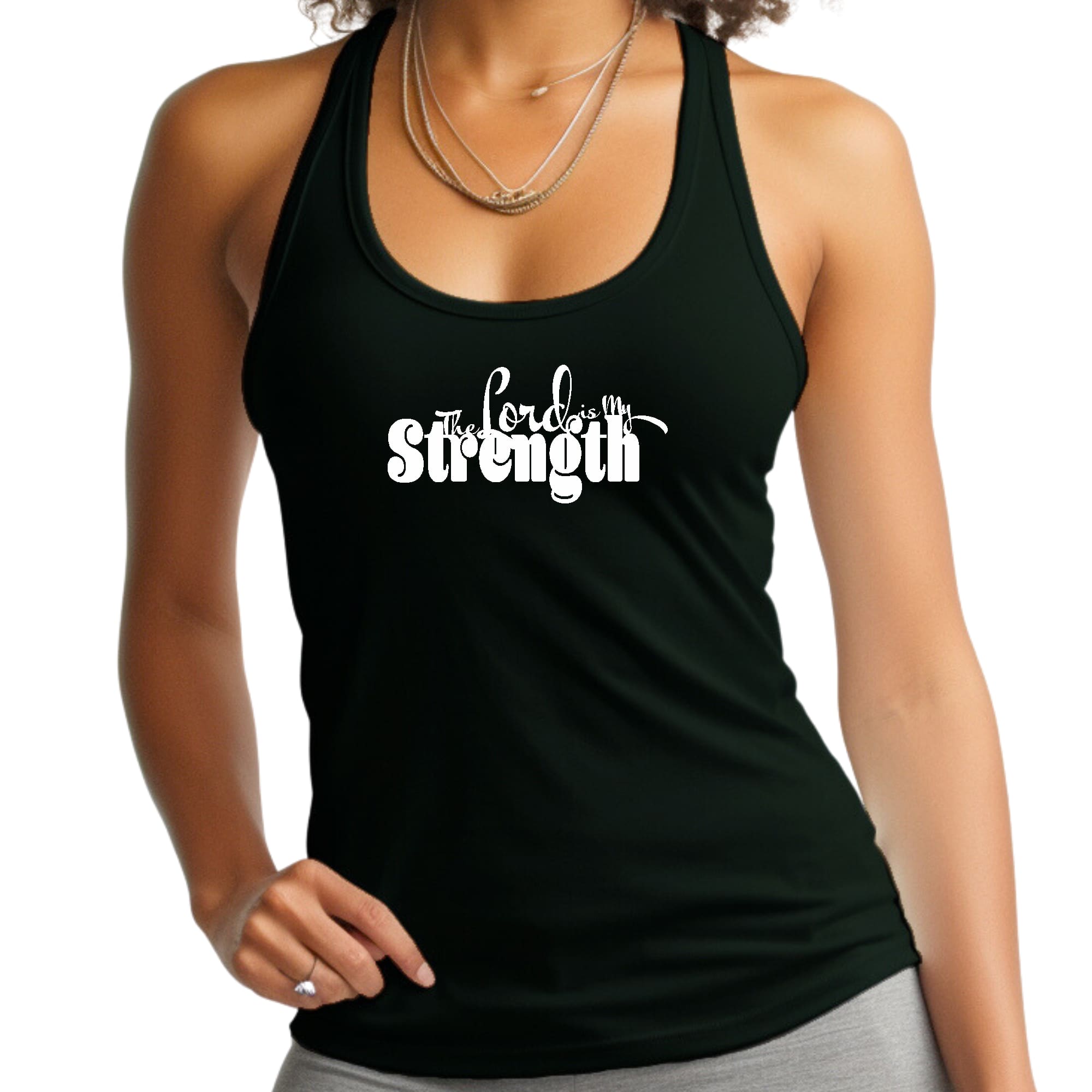 Women's Fitness Tank Top with 'The Lord is My Strength' graphic print, made from soft preshrunk cotton, ideal for workouts and casual wear.