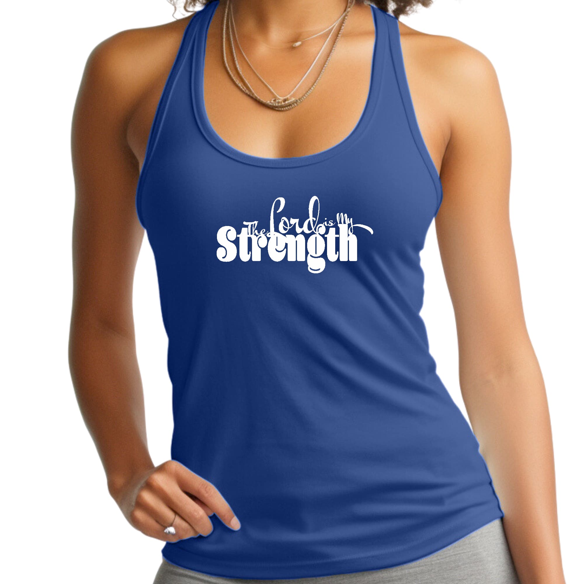 Women's Fitness Tank Top with 'The Lord is My Strength' graphic print, made from soft preshrunk cotton, ideal for workouts and casual wear.