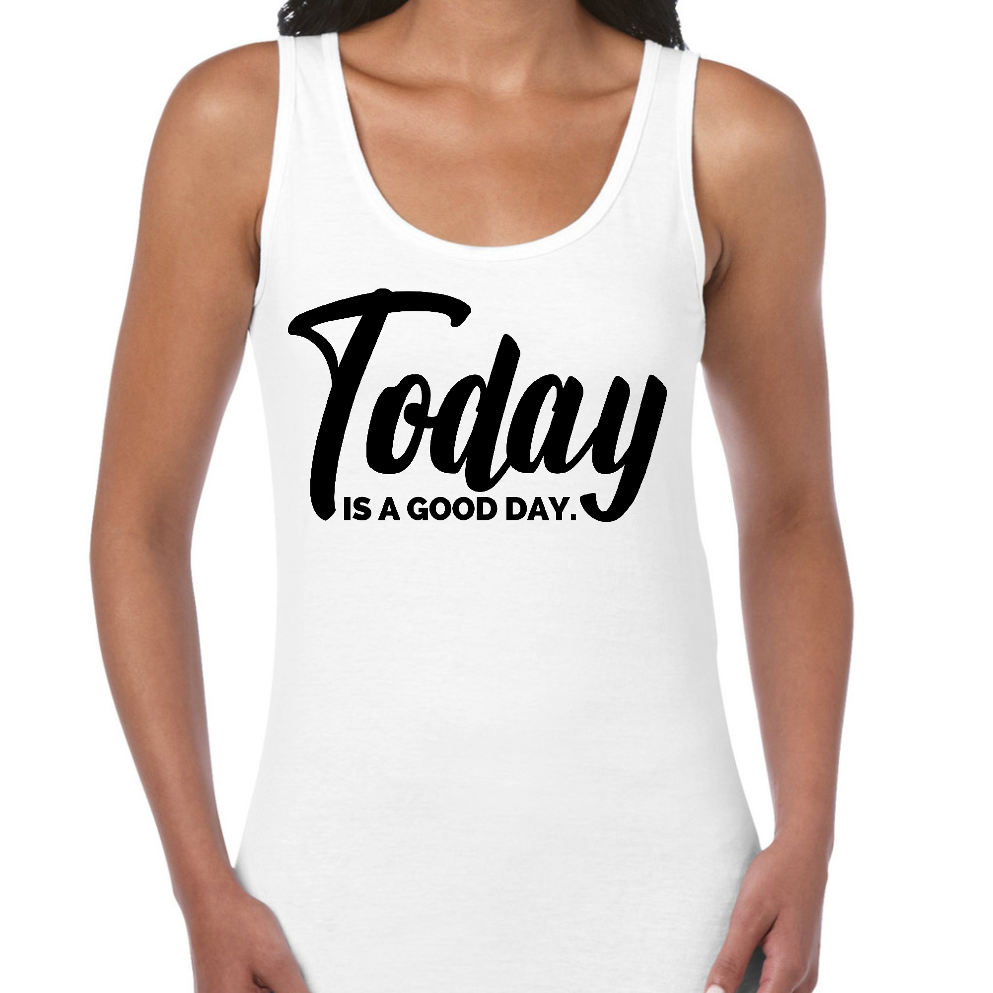 Black women's fitness tank top with 'Today is a Good Day' graphic, made from soft preshrunk cotton, ideal for activewear.